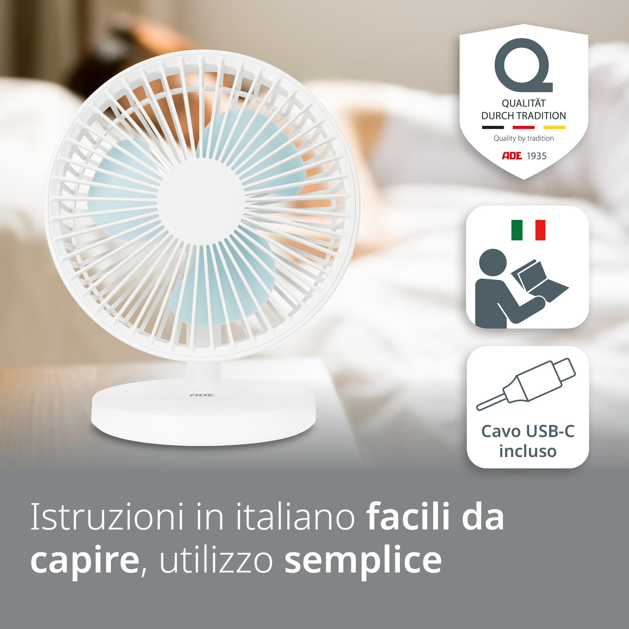 ADE Ventilatore da tavolo USB molto silenzioso | Ventilatore portatile a batteria | 3 livelli di velocità | Batteria autonomia di 7,5 ore | inclinazione di 90° | Leggero e flessibile | bianco