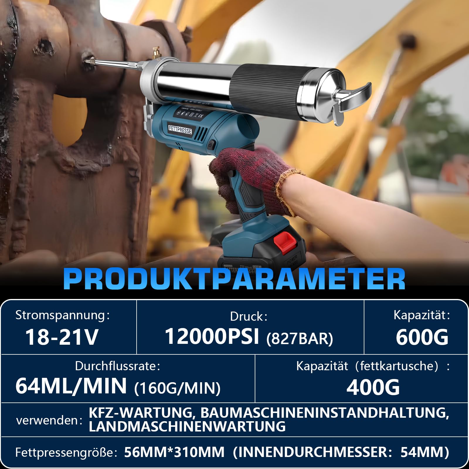 Pistola engrasadora con batería de 12000 PSI con 2 pilas de 2,0 Ah y cargador | Pistola engrasadora eléctrica con manguera de alta presión de 100 cm, 3 boquillas, motor sin escobillas y luz LED
