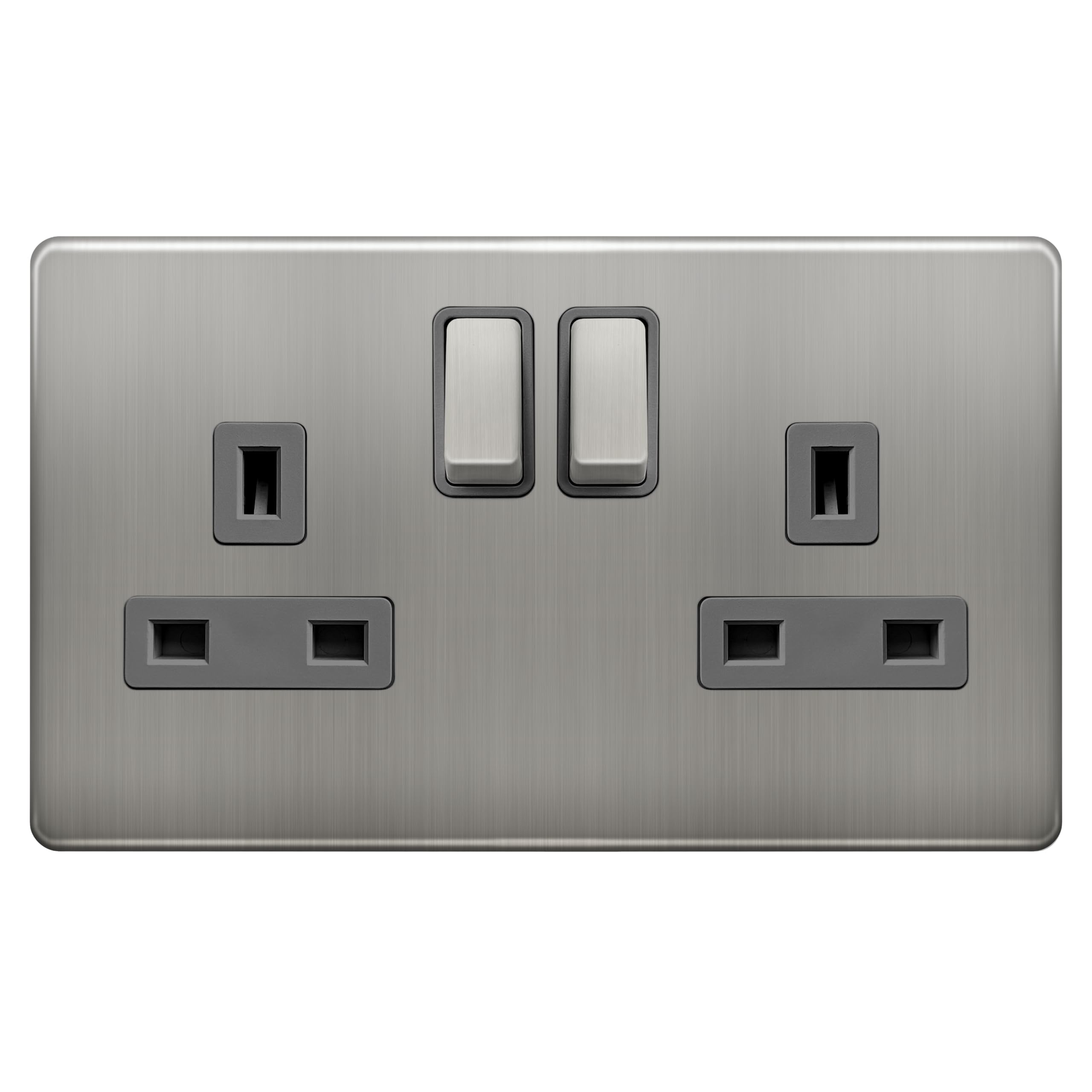 EVOGES Terra 2 Gang 13A Double Pole Switched Socket – Decorative Wall Power Outlet, Twin Plug Socket, Fits Standard UK Back Boxes, UK Wiring Accessories (Brushed Chrome/Grey Insert)