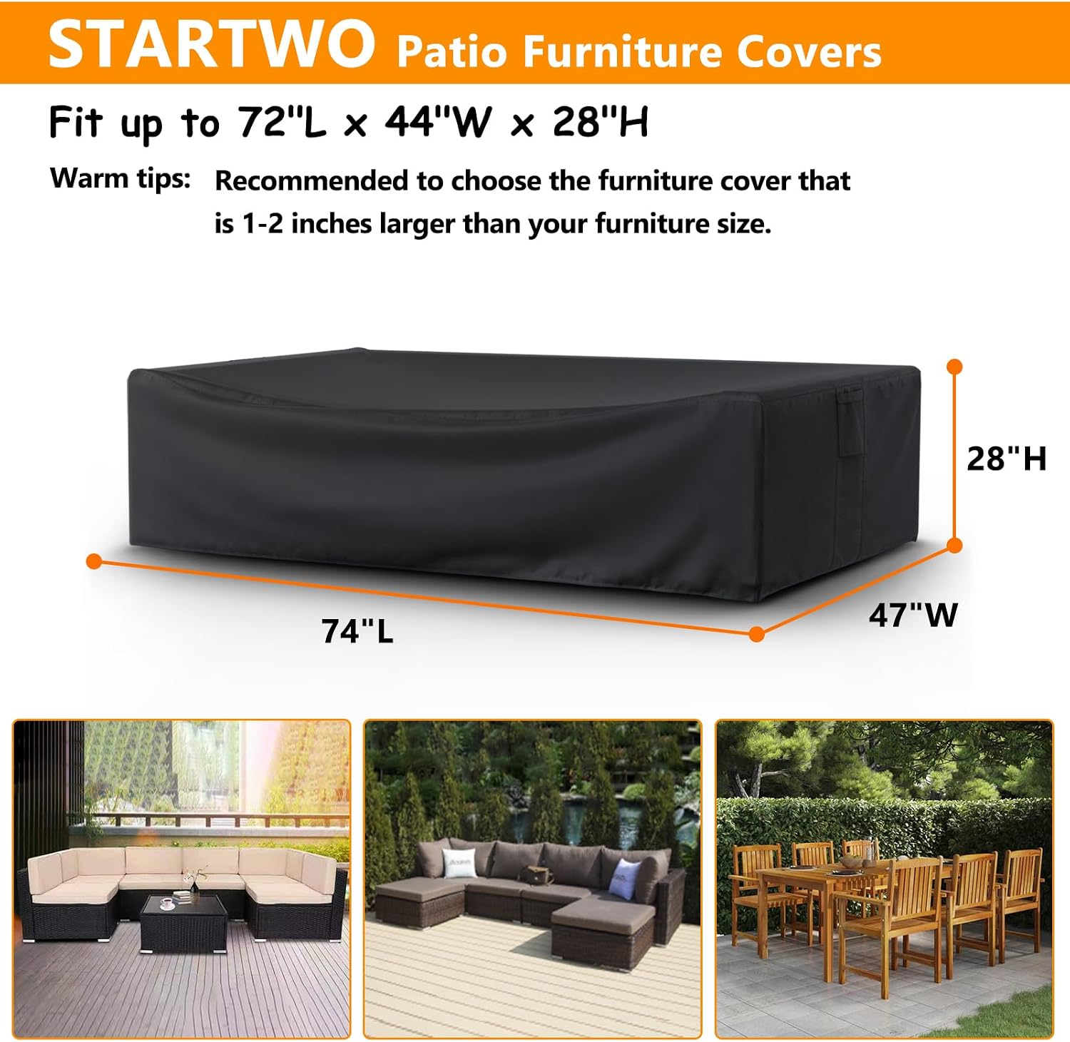 STARTWO Patio Furniture Covers Waterprpoof, Tear Resistant Rectangular Outdoor Furniture Set Cover for Table and Chairs, Outdoor Sectional Sofa Cover, 74"L x 47"W x 28"H
