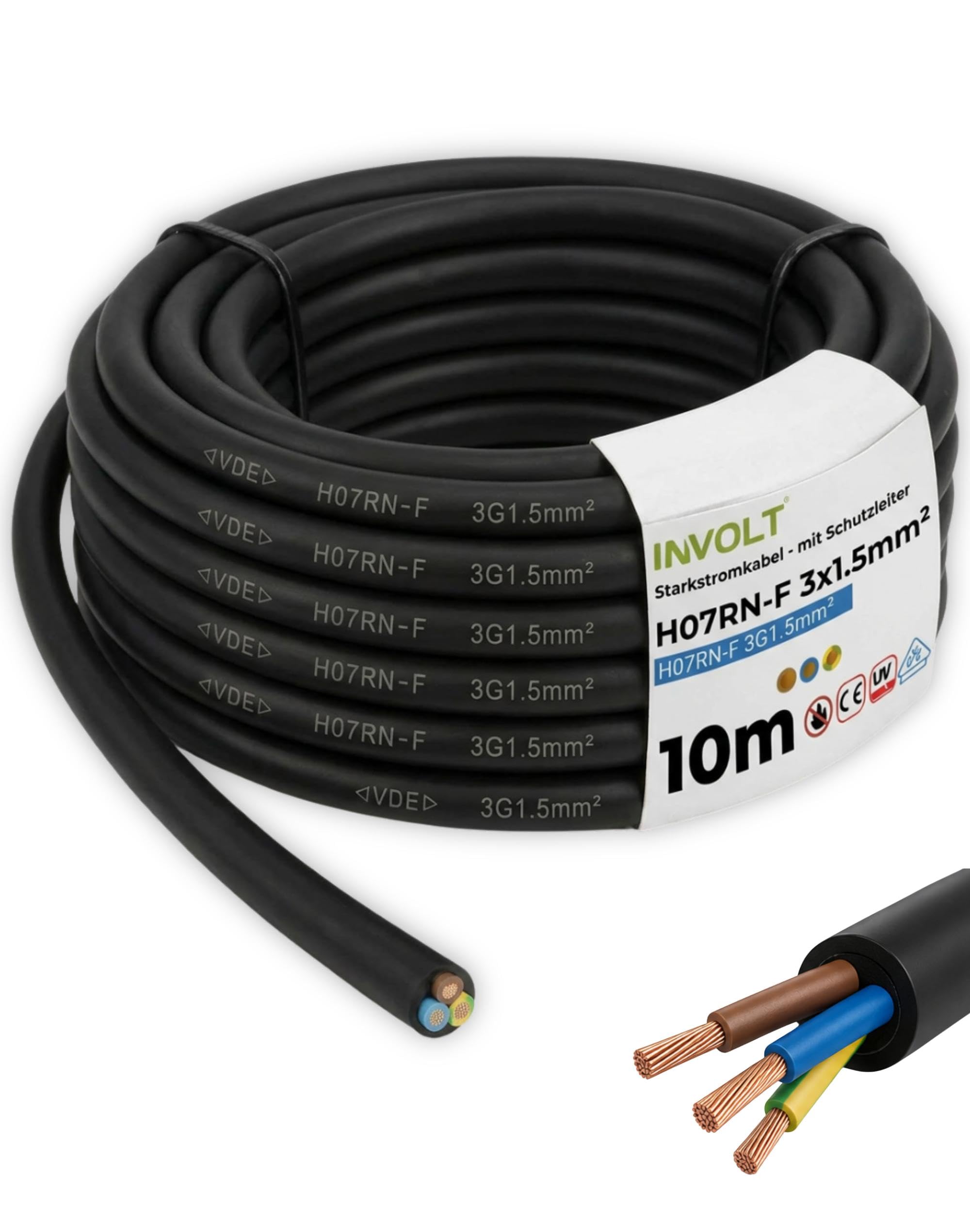 INVOLT 10m H07RN-F 3G1,5mm² CEE Verlängerungskabel, flexibel Gummikabel mit Schutzleiter, Außenbereich Baustellen, VDE Zertifiziert