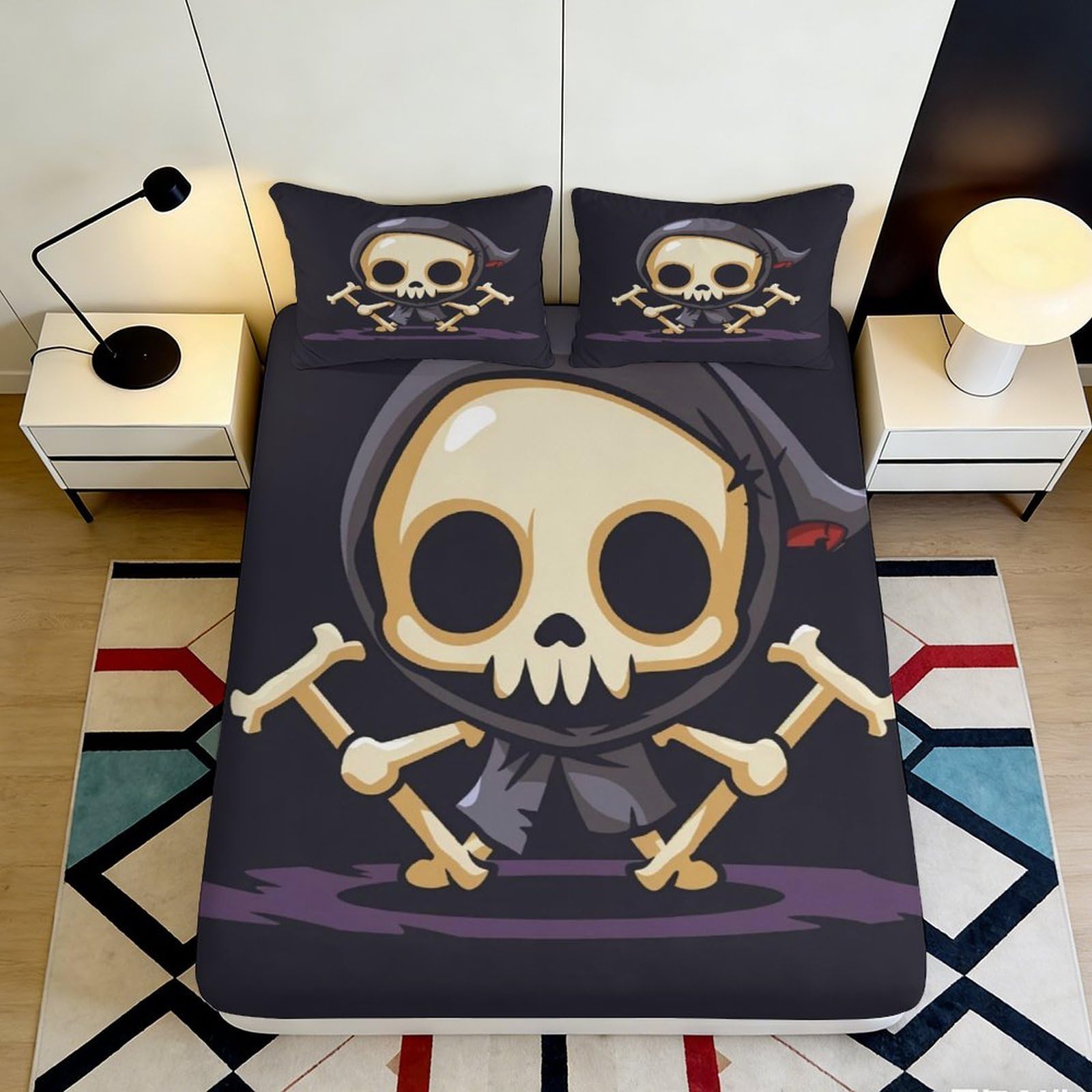 3D Printed Grim Reaper Fitted Sheet Microfiber Soft Skull Bones Mattress Cover for Bedroom Dorm Decor Protection 90x200x25cm