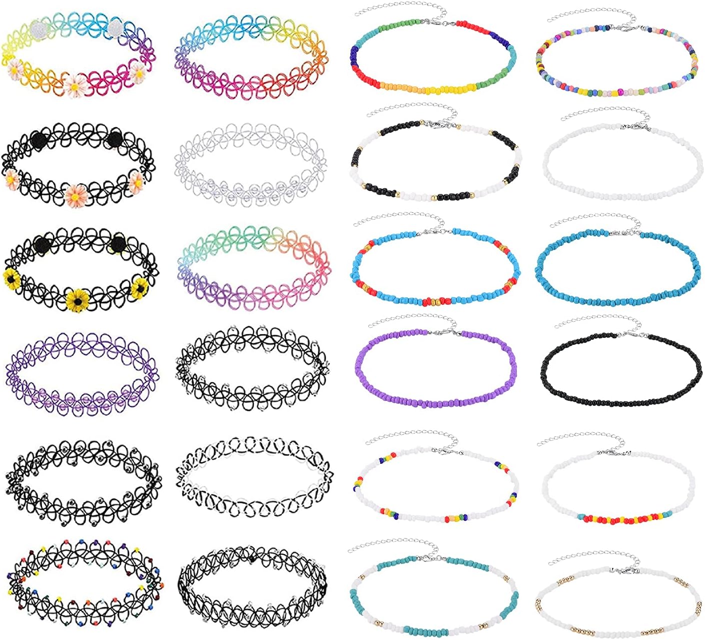 BodyJ4You 24PC Tattoo Choker Necklace - 90s Choker Necklaces Y2K Fashion Trendy Vintage - Daisy Flower Charm Colorful Rainbow Black Goth Pendant - Stretchy Elastic Necklace Summer Gift Set
