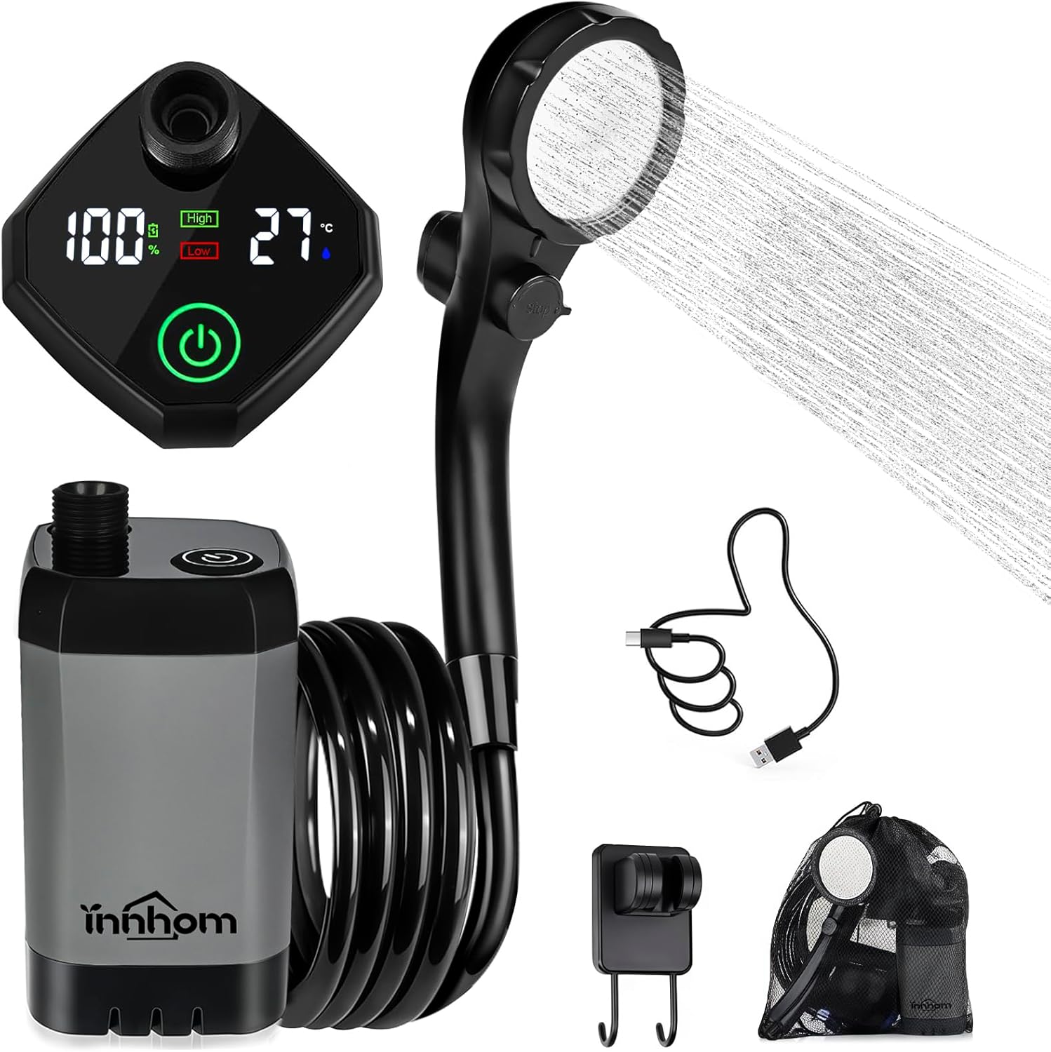 innhom Portable Shower for Camping, 6000mAh Rechargeable Camping Shower with LED Display, 2 Mode Electric Outdoor Camp Shower pump for Hiking, Travelling, Washing, Grey