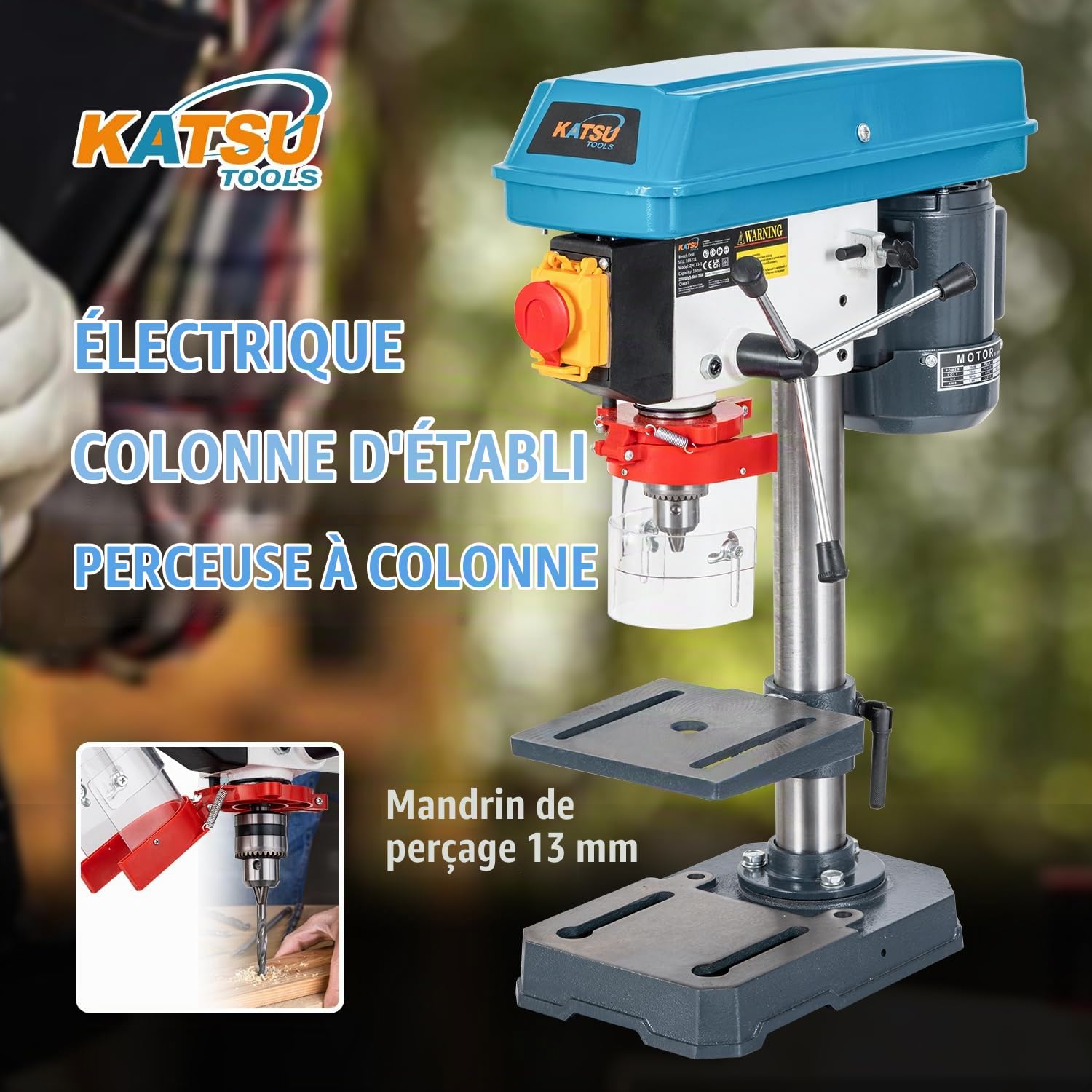 KATSU Tools Perceuse à colonne 350 W – mandrin 13 mm, 5 vitesses, profondeur max 50 mm, 2650 tr/min, table réglable