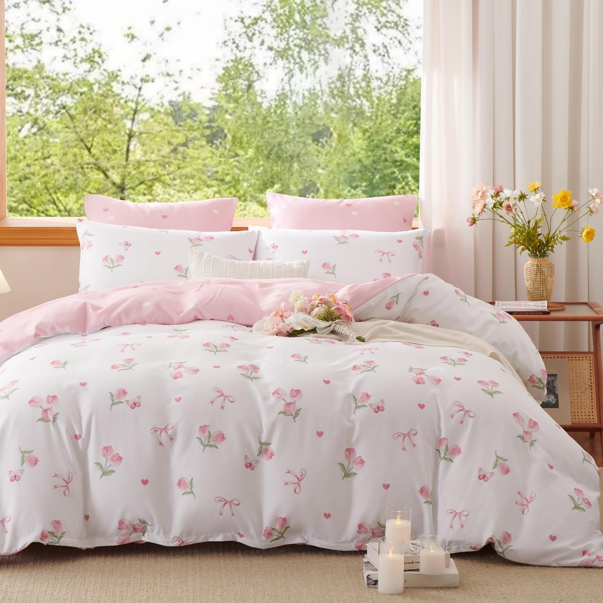 Lanqinglv Duvet Cover Set King Size,Pink White Floral Bedding Set Tulips Butterfly Heart Patterned Comforter Cover 220x240 cm with Zipper Closure and 2 Pillowcases 50x75 cm