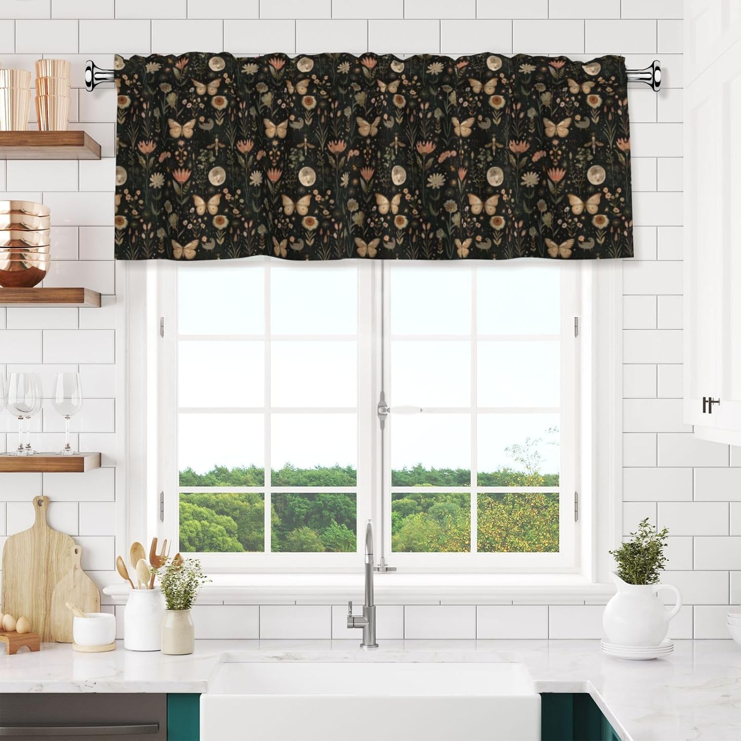 SUPLUCHOM Window Valance Curtain 54x18 Inch Vintage Butterfly Moon Flower Light Filtering Rod Pocket Valance for Kitchen Bathroom Home Decor