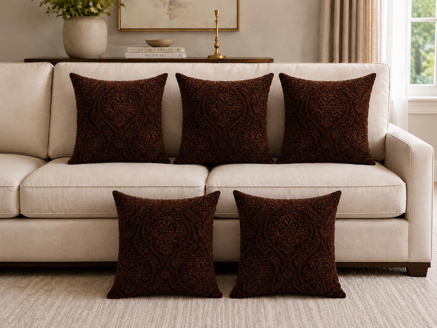 Premium Damask Pattern Cushion Covers Set of 5, Coffee Brown Velvet Throw Pillow Cases for Home Decor Living Room Sofa Couch, Size: 12 inch x 12 inch-image-38