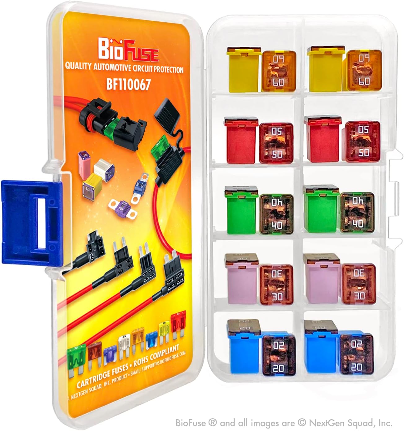 LP (Low Profile) JCASE 20-Piece Cartridge Fuse Assortment 20A 30A 40A 50A 60A (4 Each). Fits Most: Nissan, Toyota, Chrysler, Dodge, Chevy, GM, and Ford