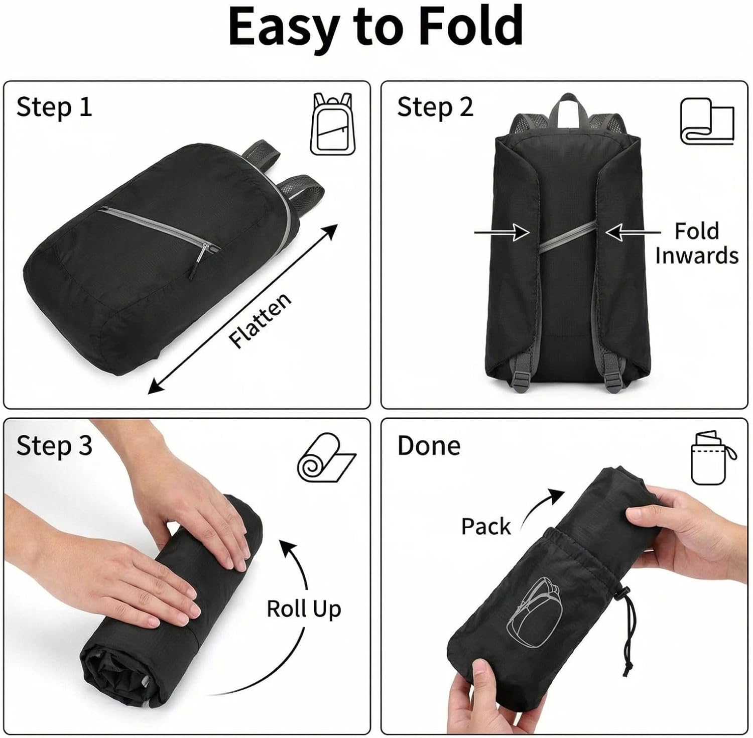 Ultra-Lightweight 80g Foldable Travel Backpack – Packs into Palm Size， Water-Resistant Daypack for Hiking， Walking & Outdoor， Unisex Mini Backpack (Black)