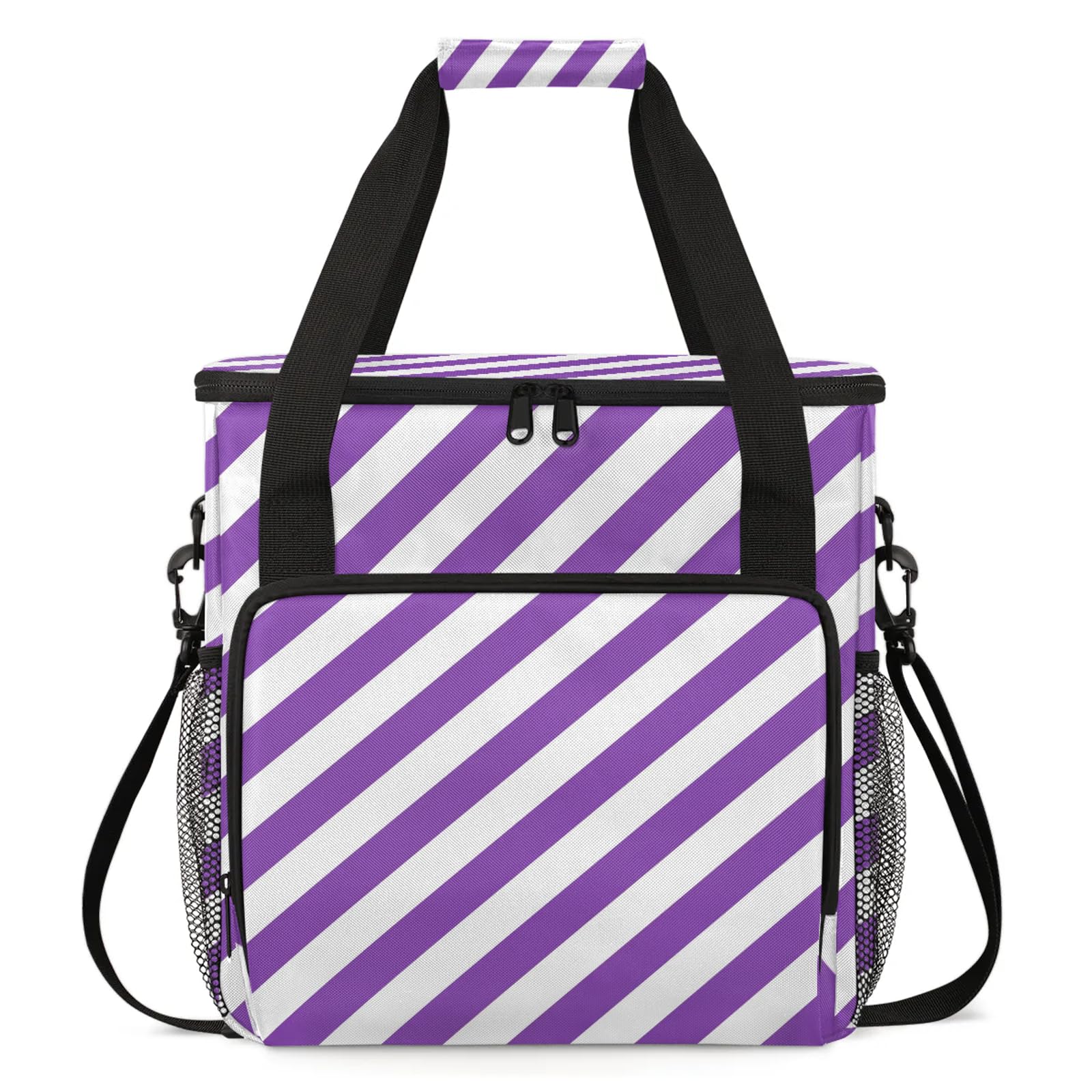 Adornori Stripe Purple Travel Coffee Maker Carrying Bag, Large Organizer Storage Tote Bag Insulated Reusable Cooler Grocery Bags
