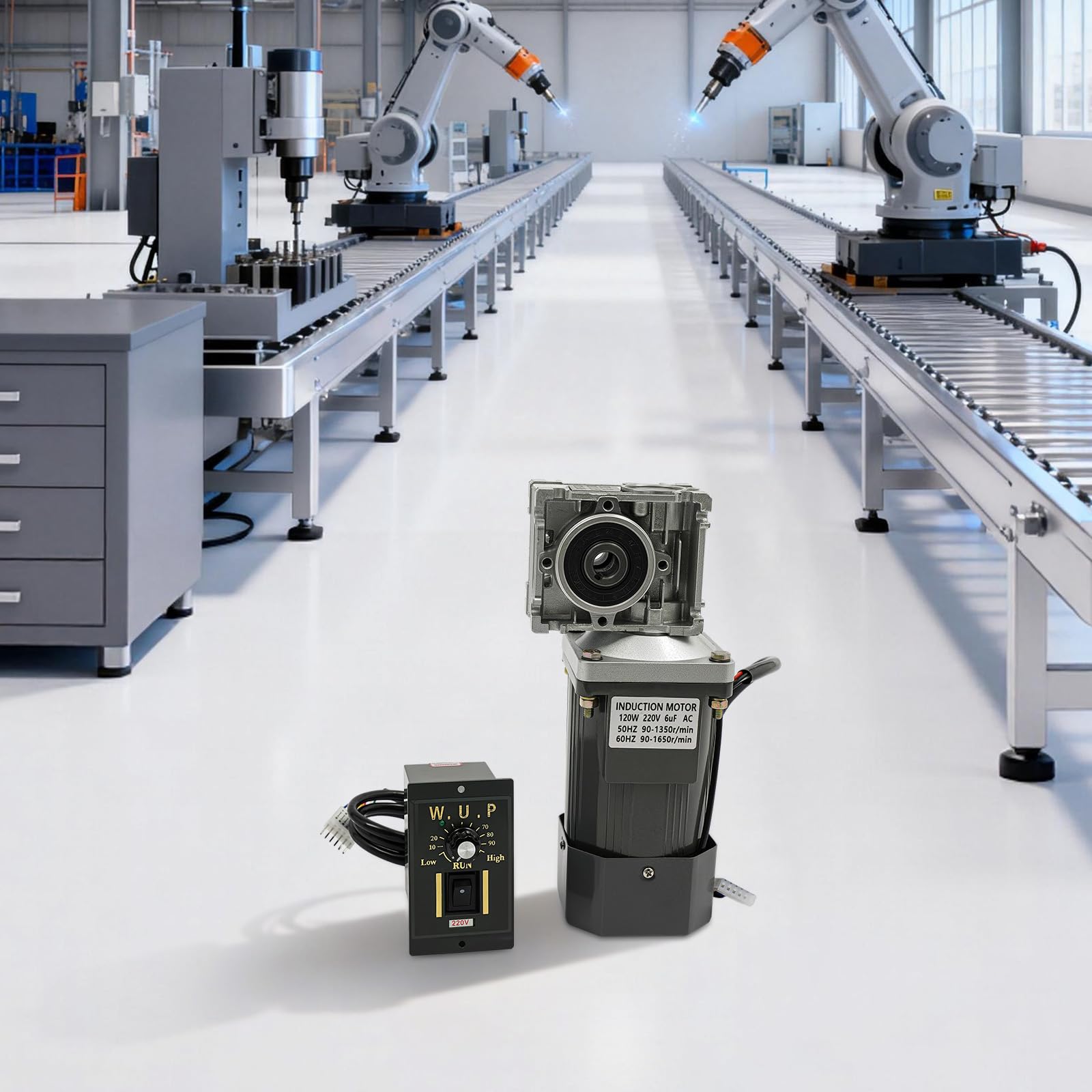 Getriebemotor, 220V Einphasiger Asynchronmotor Mit Drehzahlregler, 120W Umkehrbarer Elektromotor 1350 U/min Leerlaufdrehzahl, 25NM Hohes Drehmoment Für Industrielle Antriebsanwendungen