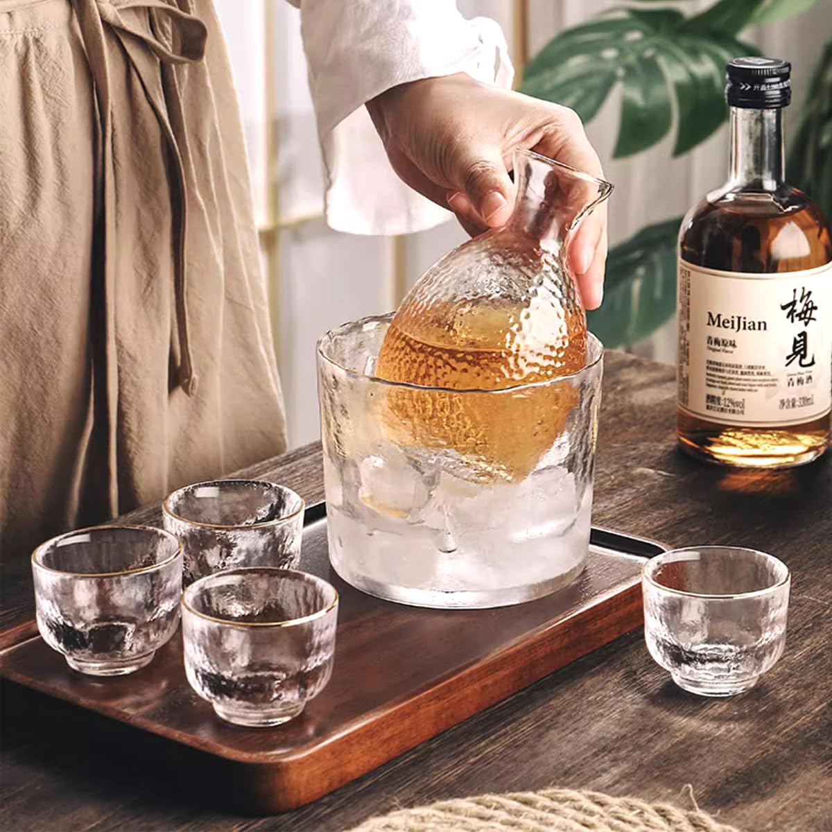 Set di sake giapponese, in vetro, 6 pezzi, con caraffa e ciotola di conservazione calda, servizio di ciotole per sake