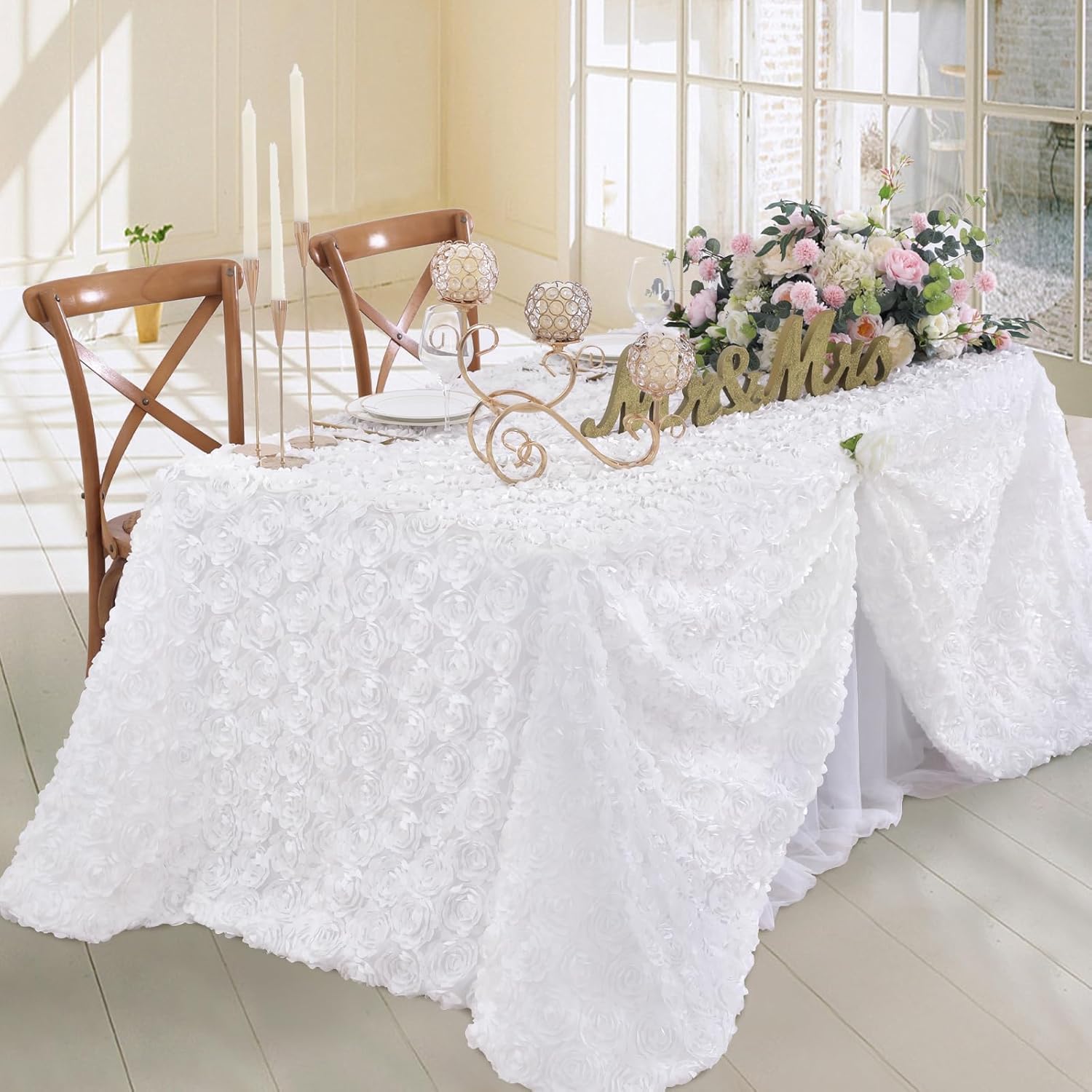 Fanqisi White 3D Floral Satin Raised Rosettes Tablecloth Rectangular 90x132 Inches Rosette Tablecloth for Wedding Baby Shower Table Bridal Shower Meeting Events Decoration