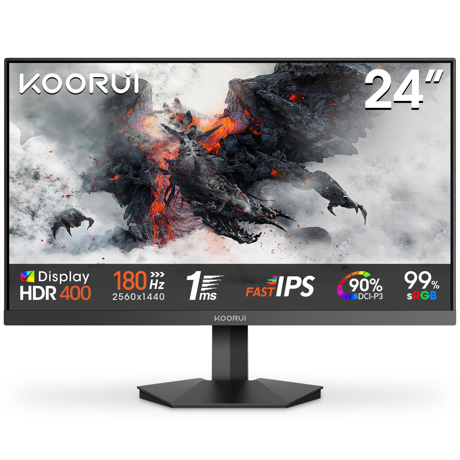 KOORUI 24" Gaming Monitor,180Hz 1ms Fast IPS Monitor, 1440P HDR400 Display, 90% DCI-P3 Color Gamut, Adaptive Sync, Slim Frame, VESA Mountable, HDMI 2.0, DP 1.4, G2421V