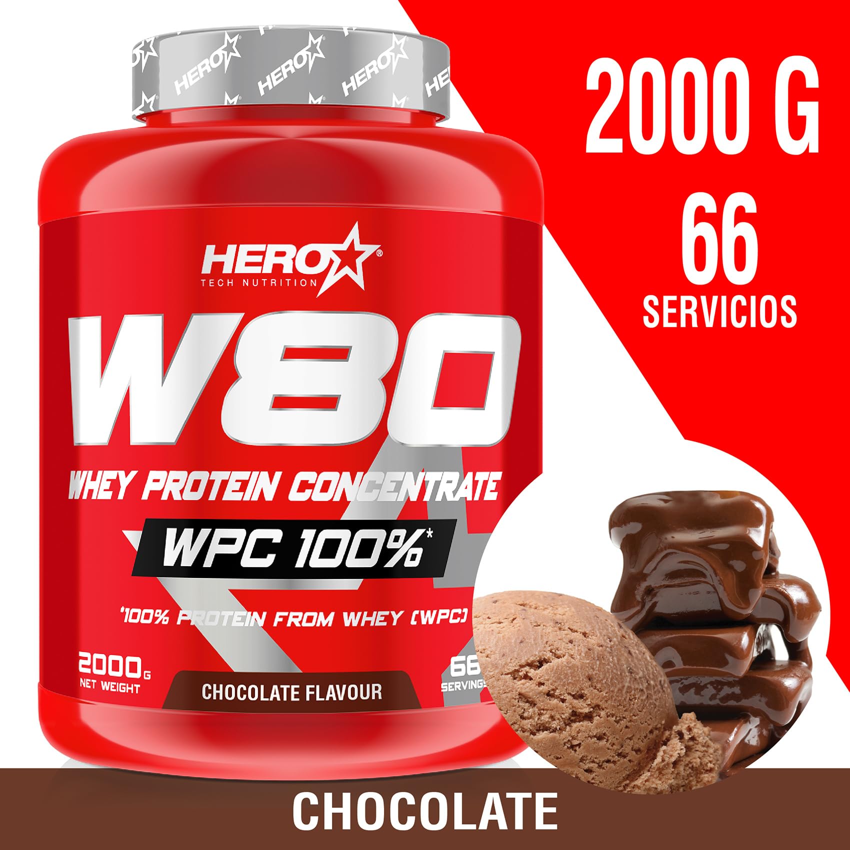 HERO TECH | W80 WHEY PROTEIN | Concentrado Proteína de Suero | Mejores entrenamientos | Aumenta la Recuperación y Crecimiento Muscular (2 kg, Chocolate)