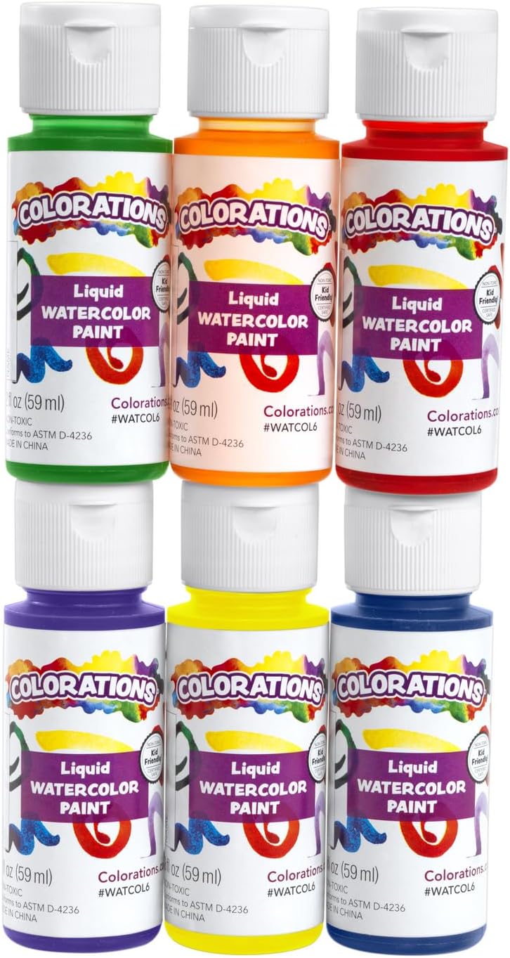 Colorations Liquid Water Color Paints, Set of 6, 2 OZ EA, Blue, Green, Red, Purple, Yellow, Orange, Party Favors, Craft & Glue Dye