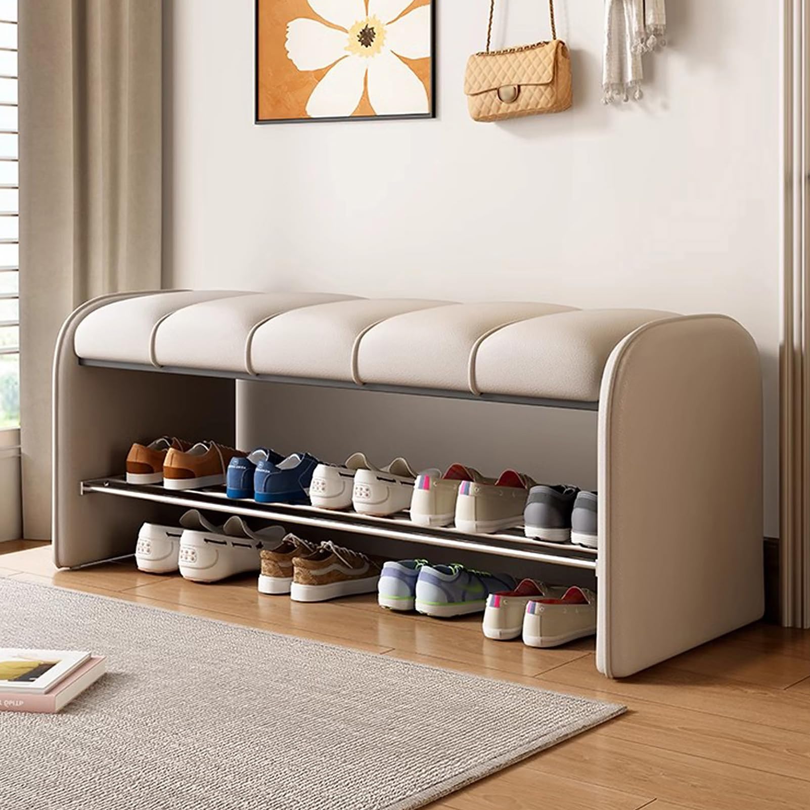 MARIYCH 2 Tier Shoe Rack Bench, Beige Shoe Storage Bench with Soft Leather Cushion, Bench Seat for Entryway Living Room Bedroom Hallway