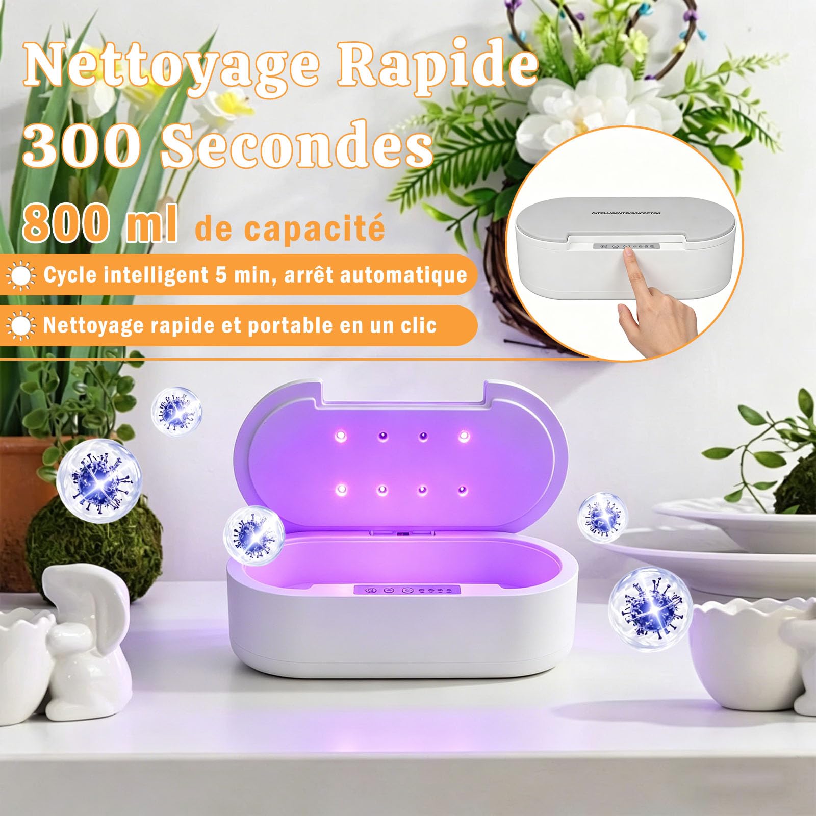 Stérilisateur UV Outils Ongles avec Aromathérapie, Désinfection 99.9% en 5 Minutes, Alerte Vocale, Lampe UV-C 260nm, Boîte Stérilisation pour Salon Manucure Maison