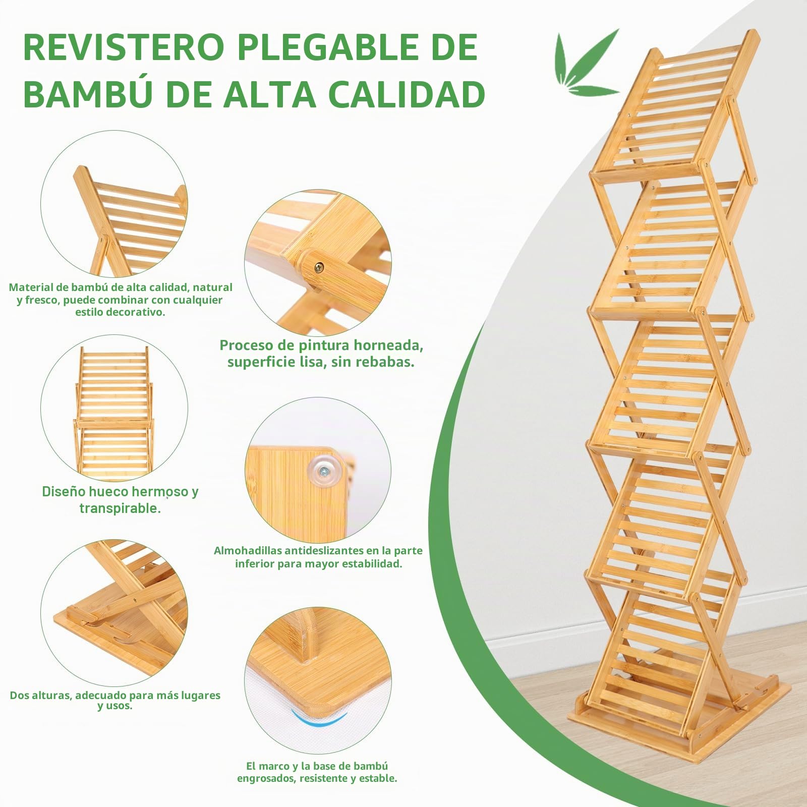 Expositor Plegable para Folletos，Revistero Plegable, Catálogo de Bambú, Estante de Literatura, Revistero con 5 Bolsillos para Casa, Oficina, Feria de Muestras，Expositores de Pie