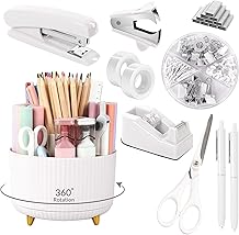 Ensemble de fournitures de bureau blanches SKYDUE, accessoires de bureau 10 PCS, support de crayon pour bureau, agrafeuse, distributeur de ruban adh&eacute;sif, ciseaux, r&egrave;gle, reliure/clips en papier et 1000 pi&egrave;ces agrafes, ensemble de fournitures de bureau
