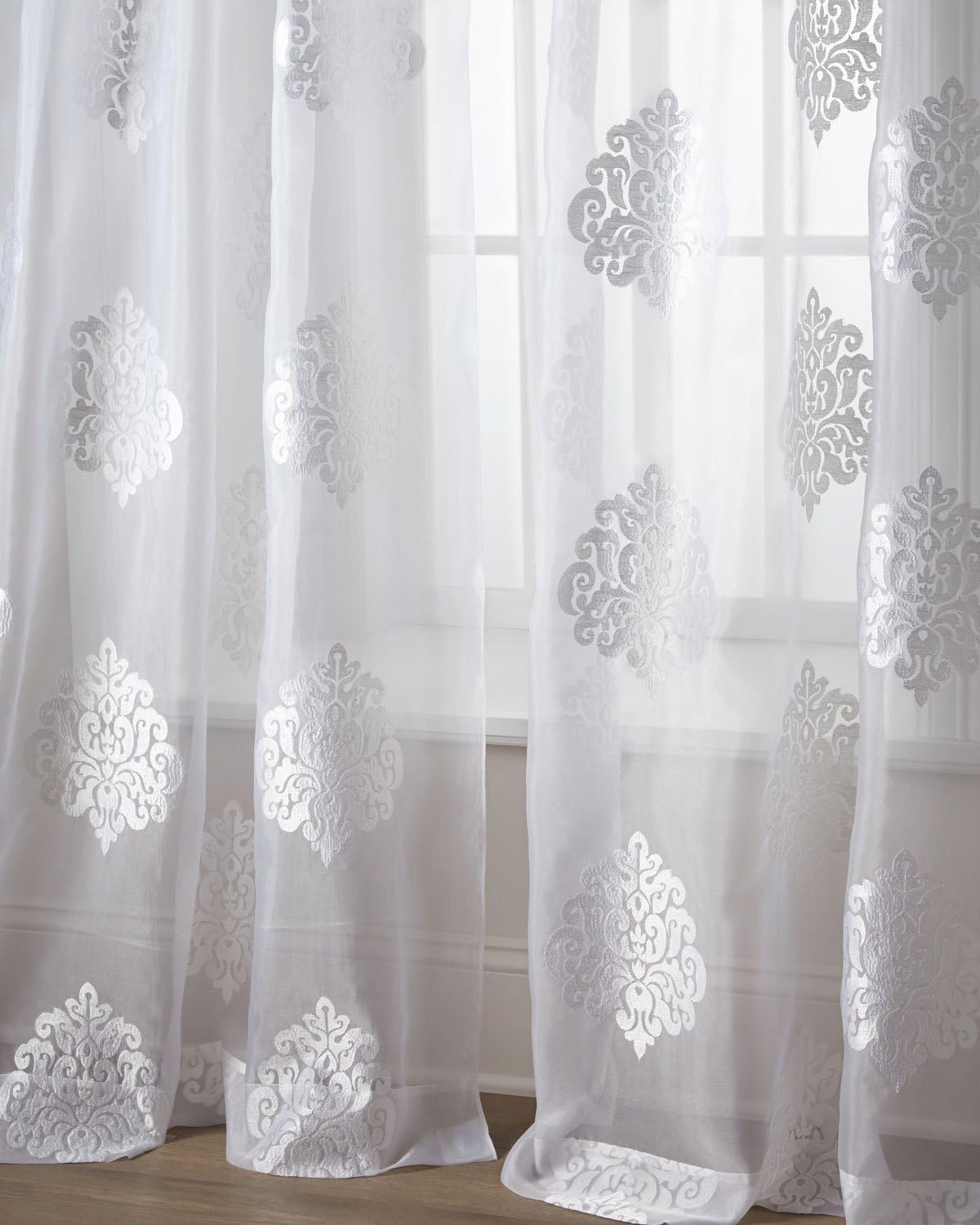 Dylan Embroidered-Medallion Sheers (White, 46" w X 96" l)