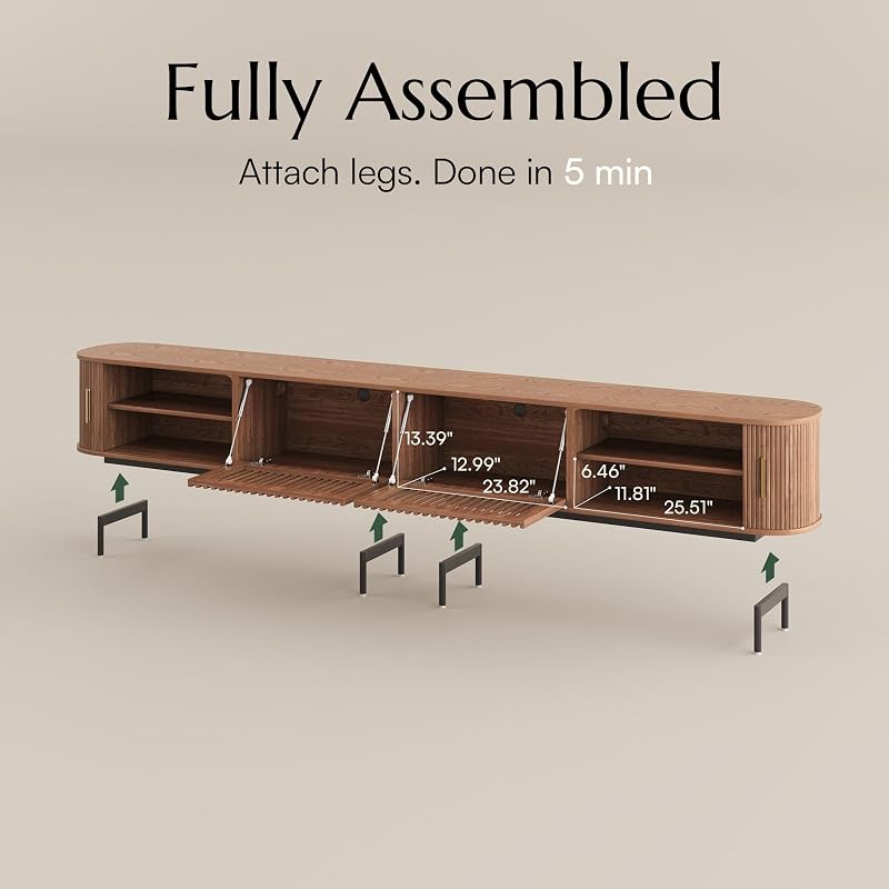 POVISON 118.11" Wood Fully-Assembled Sliding Tambour Door TV Stand, Walnut image 3