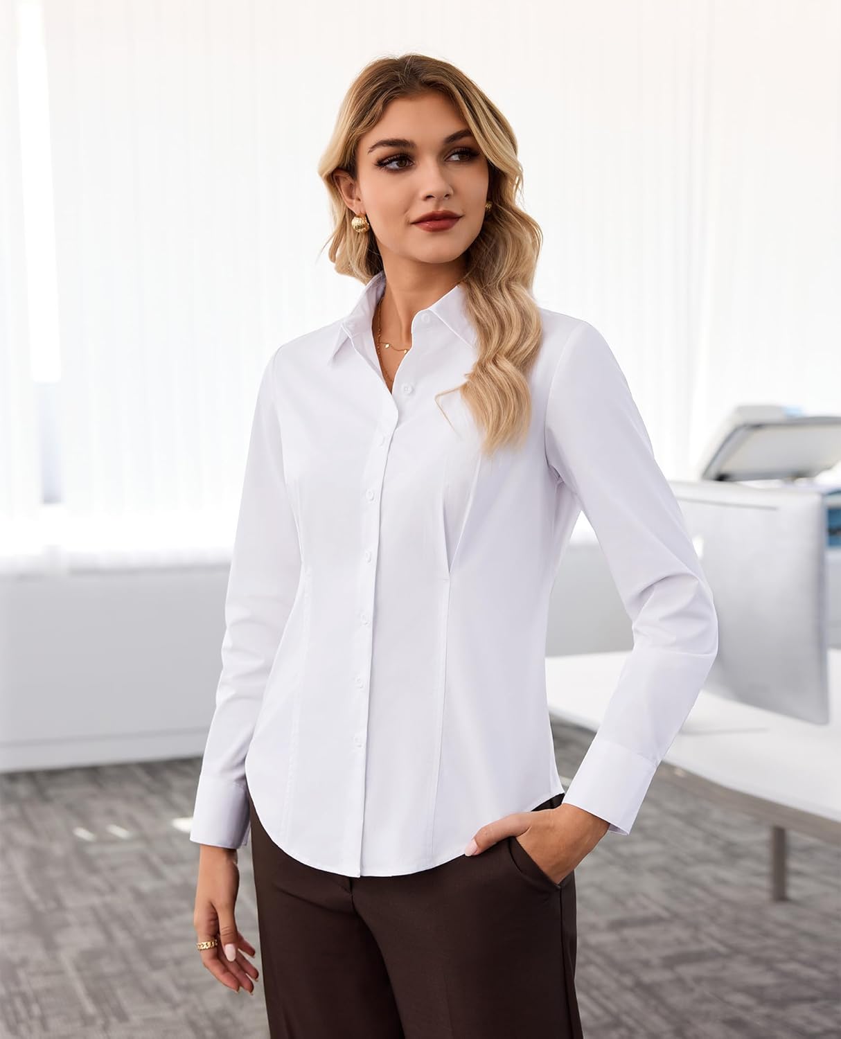 Womens Button Down Shirt Long Sleeve V Neck Classic Collared Button Up Shirt Women Work Business Formal Casual - Image 6