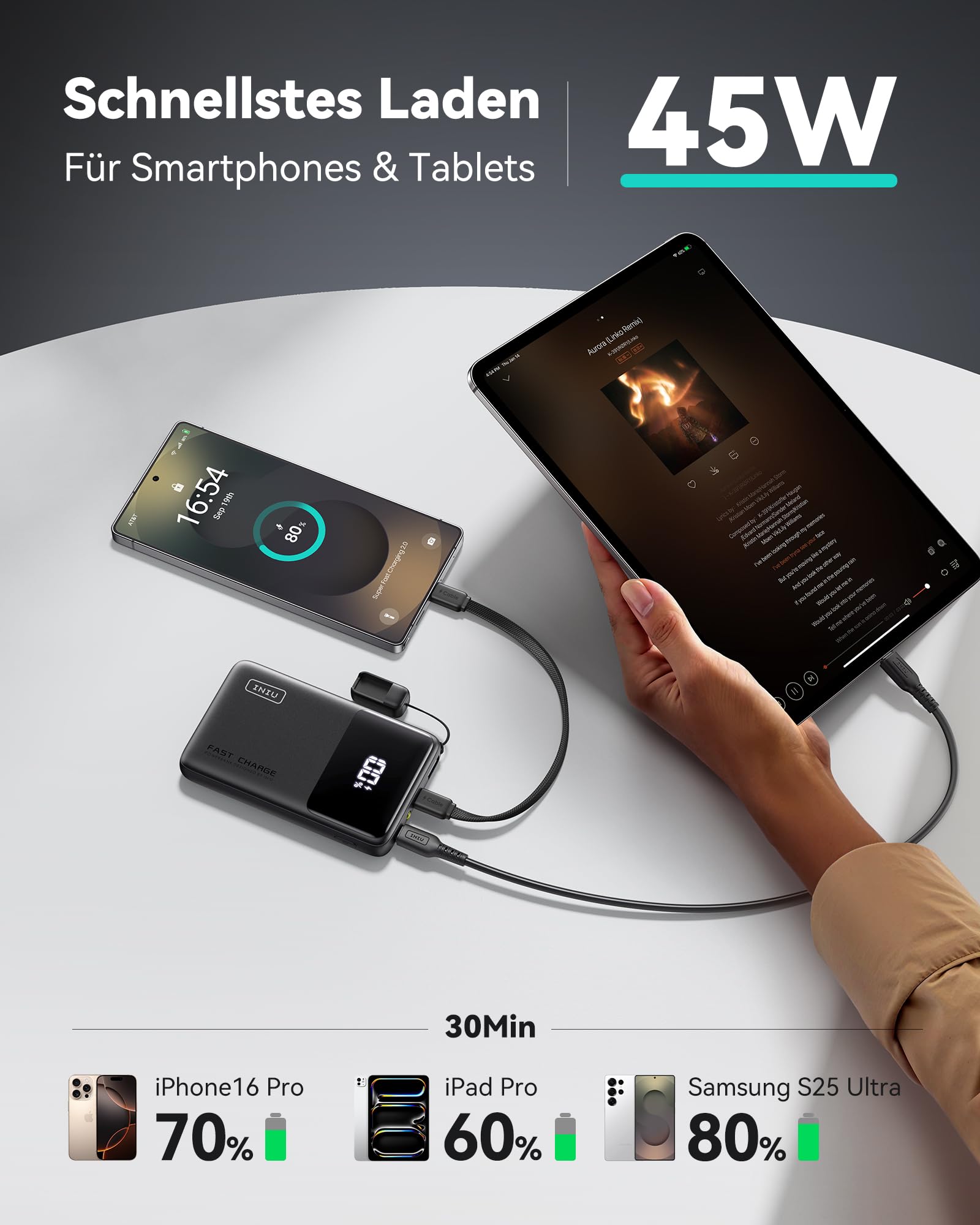 INIU Mini Power Bank, 10000mAh 45W Schnellladefunktion Powerbank mit USB C Kabel, Klein Externe Handyakkus für Reise Gadgets, Flight-Safe Ladegerät für iPhone 17 16 15 Pro Max Samsung S25 S24 etc