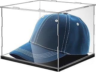 Clear Hat Display Case Acrylic Baseball Hat Display Box with Stainless Steel Risers Baseball Holder Stand Dustproof UV Protection Cabinet for Memorabilia Display(1Pcs)
