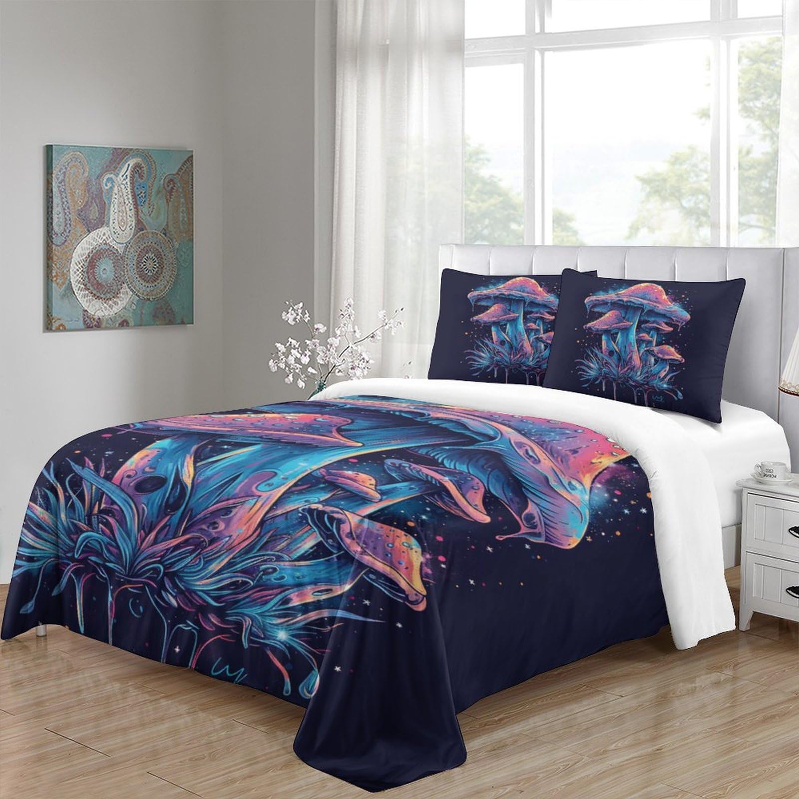 Stampato in 3D Fungo colorato Copertina Stampata Microfibra Disegnata Biancheria Da Letto Con Chiusura A Cerniera Con 2 Federe,Double（200x200cm）, Per Ragazzi Adulti
