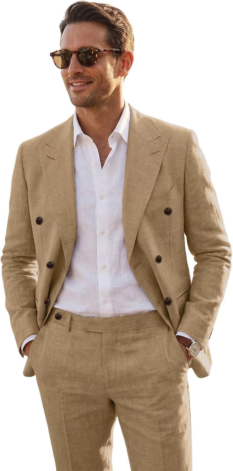 Men's Linen Slim Fit 2 Piece Suit Set Casual Business Blazer & Flat Front Pants for Wedding Summer Beach Party