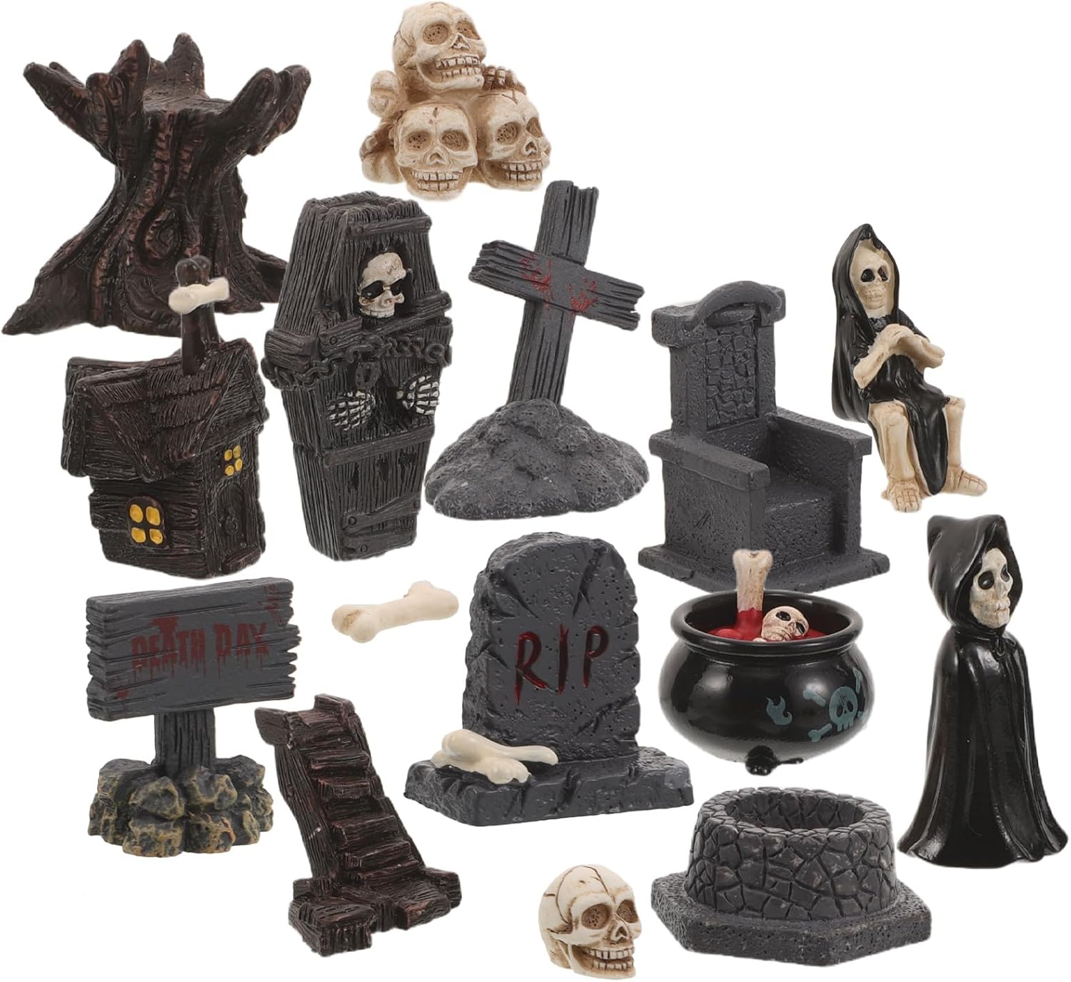 Toddmomy 15pcs Halloween Mini Figurines Resin Tombstone Set | Spooky Miniatures Skeleton Ornaments for Halloween Party Favors Fillers Home Tabletop Decor