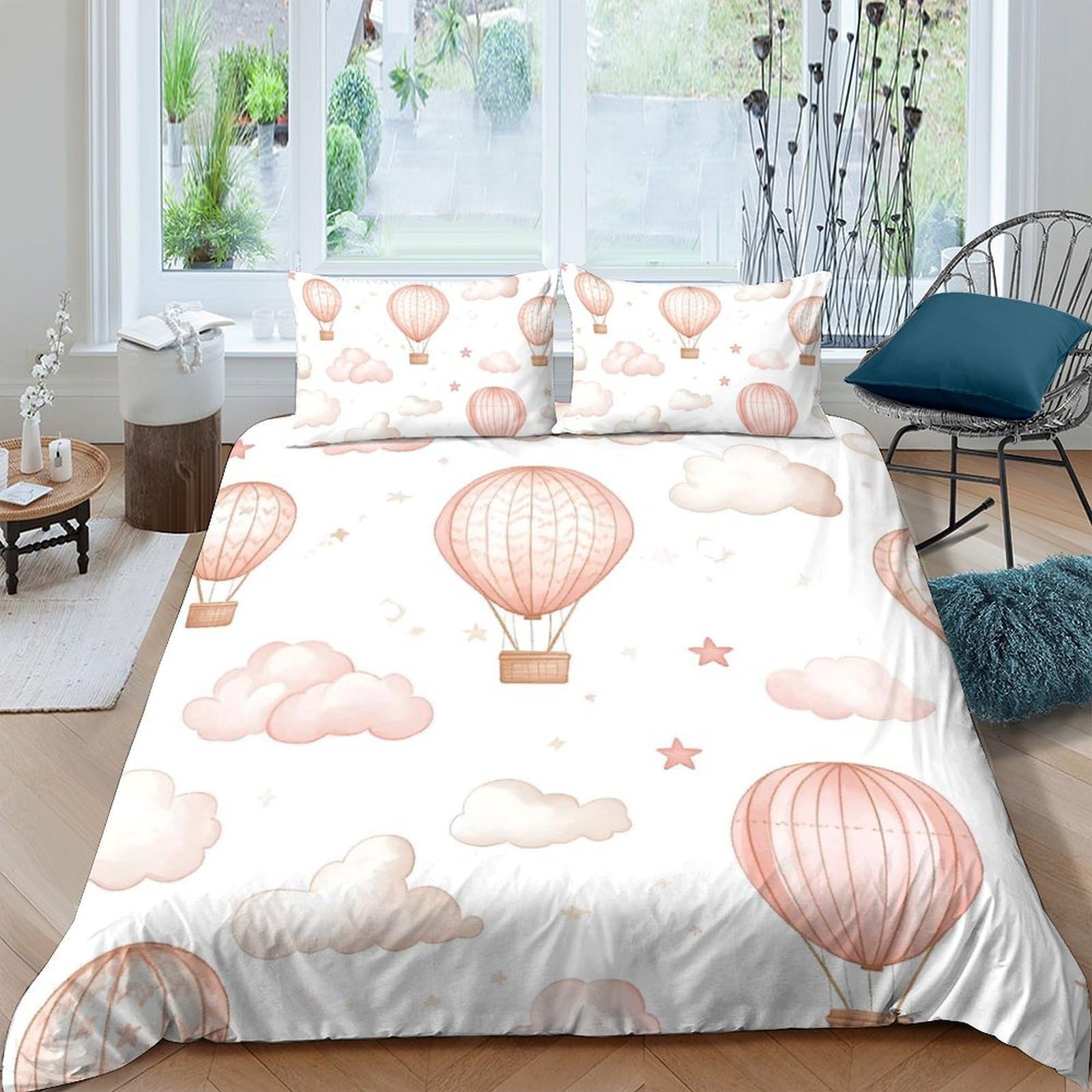 Ctjqhvkz Style-3 3D Printed Pink Hot Air Balloon Fitted Sheet Microfiber Soft Clouds Bed Cover For Bedroom Dorm Easy Care Decor Single（135X200cm）