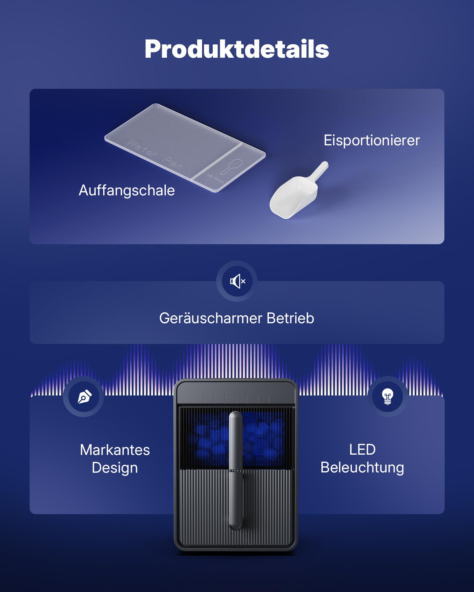 Upstreman Eiswürfelmaschine mit LED, 9 Eiswürfel in 6-8 Min, Eiswürfelmaschine Klein 2 Eisgrößen, Digitale Touch-Display, Automatische Reinigung, Ice Maker für Zuhause,Küche,Büro, BI10