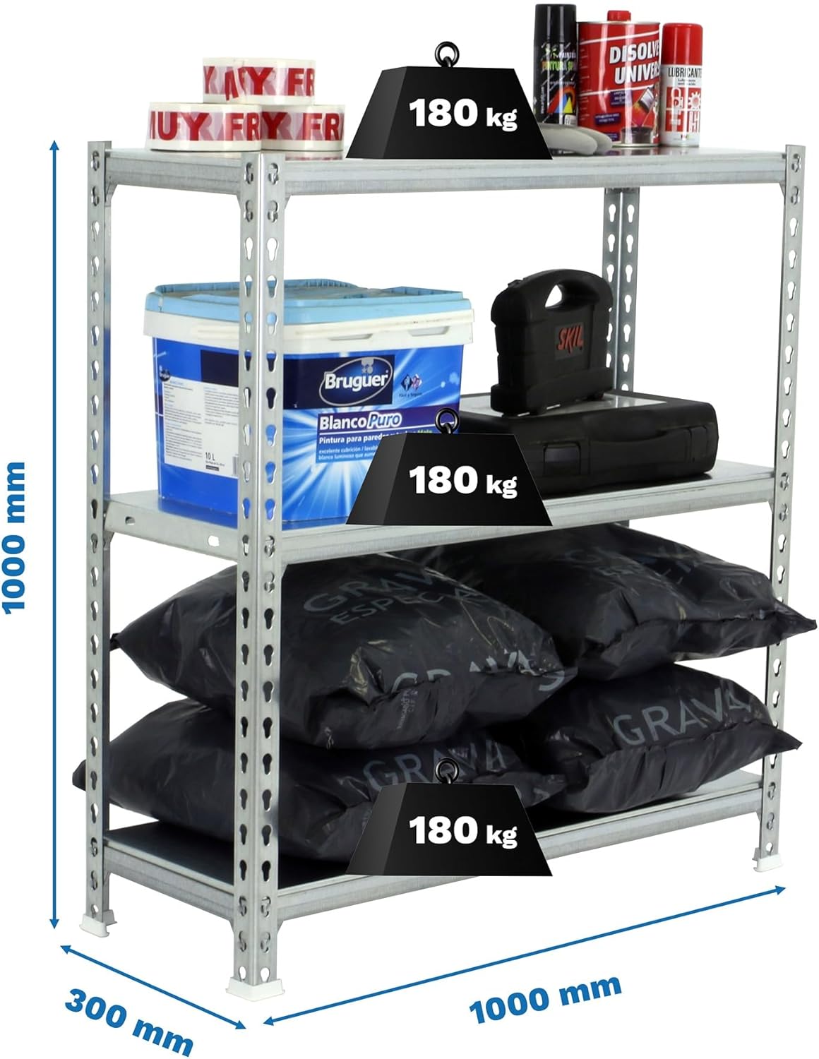 SimonRack Metal Shelving Storage, Screwless, 3 Shelves, High Load Capacity 180 kg, 1000 x 1000 x 300 mm, Garage Shelving Storage, Galvanised