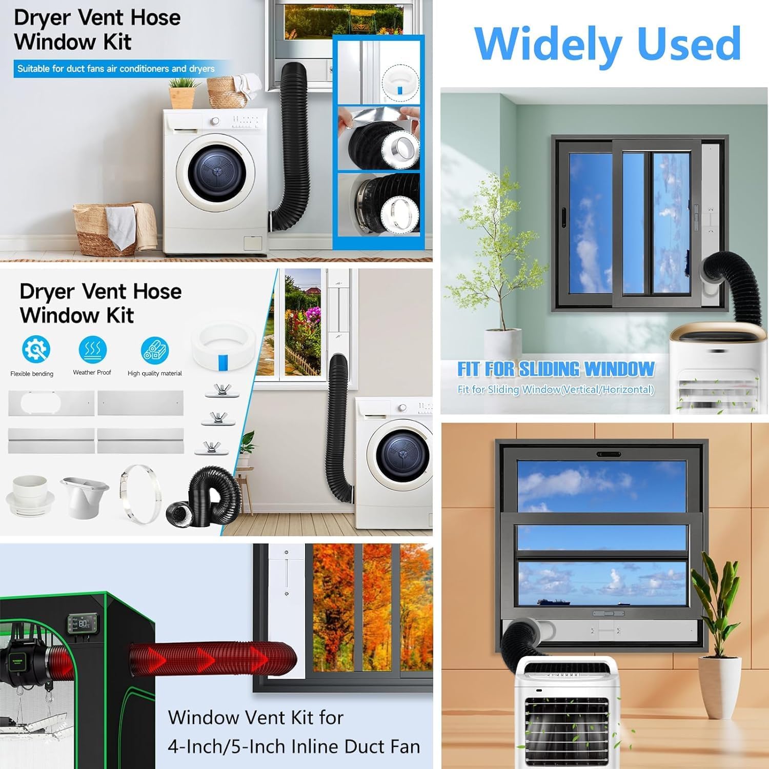 Window Vent Kit for 4", 5", 6" Ducting Hose And AC Hose, Universal AC Window Seal Kit with Couplers, Fits 17-60 Inch Adjustable Sliding Windows for Portable AC, Dryer, Ducted Fan, HVAC Grow,Tent