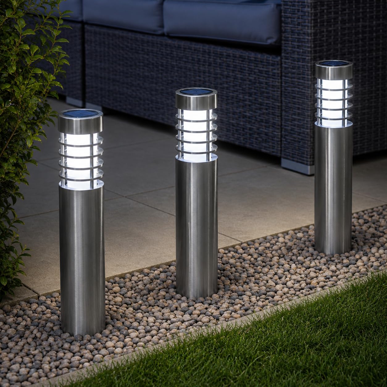 Marco Paul Set of 3 Orion Garden Lights Solar Powered Stainless Steel Outdoor Lighting 65cm Tall Bollard Solar Lights Waterproof Ideal for Flowerbeds Borders Driveway Pathway
