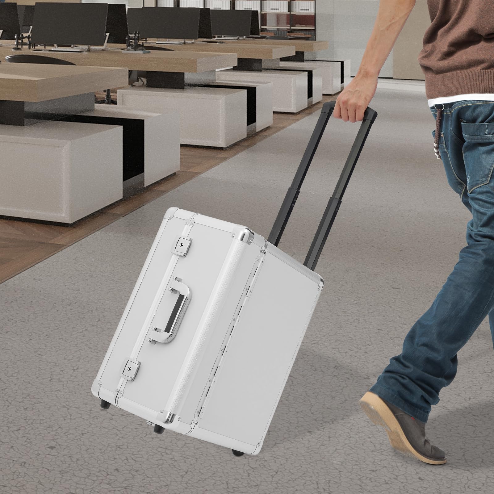 Pilotenkoffer mit Rollen,Rollbarer Aktenkoffer,Abschließbarer Aktenkoffer,Rollkoffer mit Teleskopgriff,für 15.6" Notebooks,Aktentasche für Geschäftsreisen(Silber)