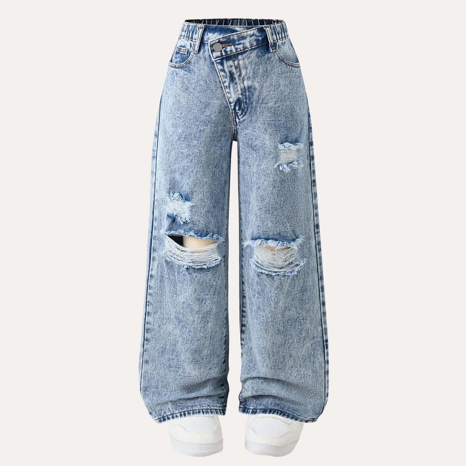 Jeans Ragazza-Pantaloni per Ragazze, Larghi, Larghi, Casual, Effetto Consumato, per Ragazze Adolescenti, con Design Asimmetrico Unico, Comodi da Indossare Tutti I Giorni