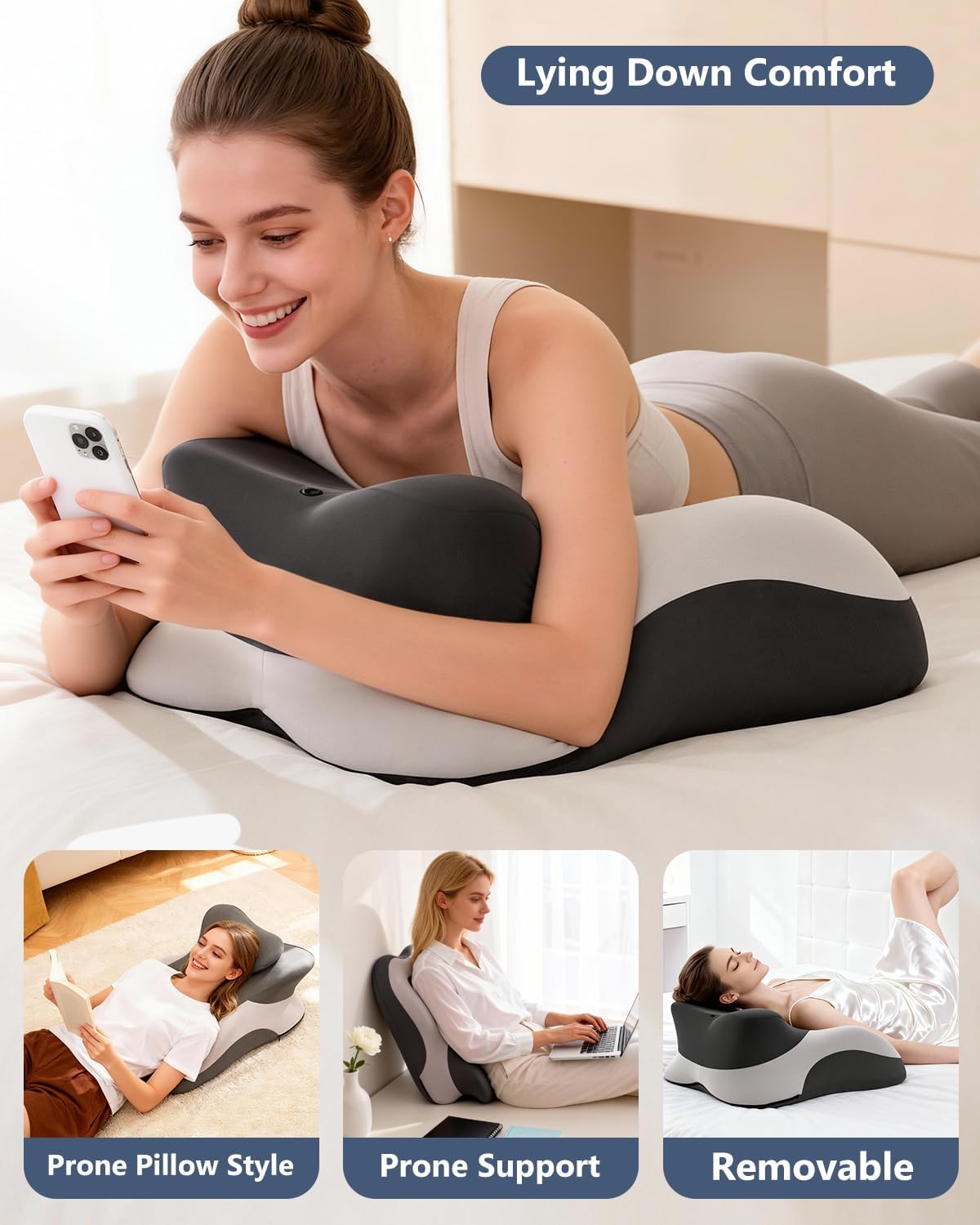 Memory Foam Ergonomic Wedge Pillow, Squat Pillow, Prone Pillow for Sleeping, Reading Pillow for Bed, Ideal for Massage, with Removable Cover, Back Support, Multi-Functional Memory Foam (Grey)