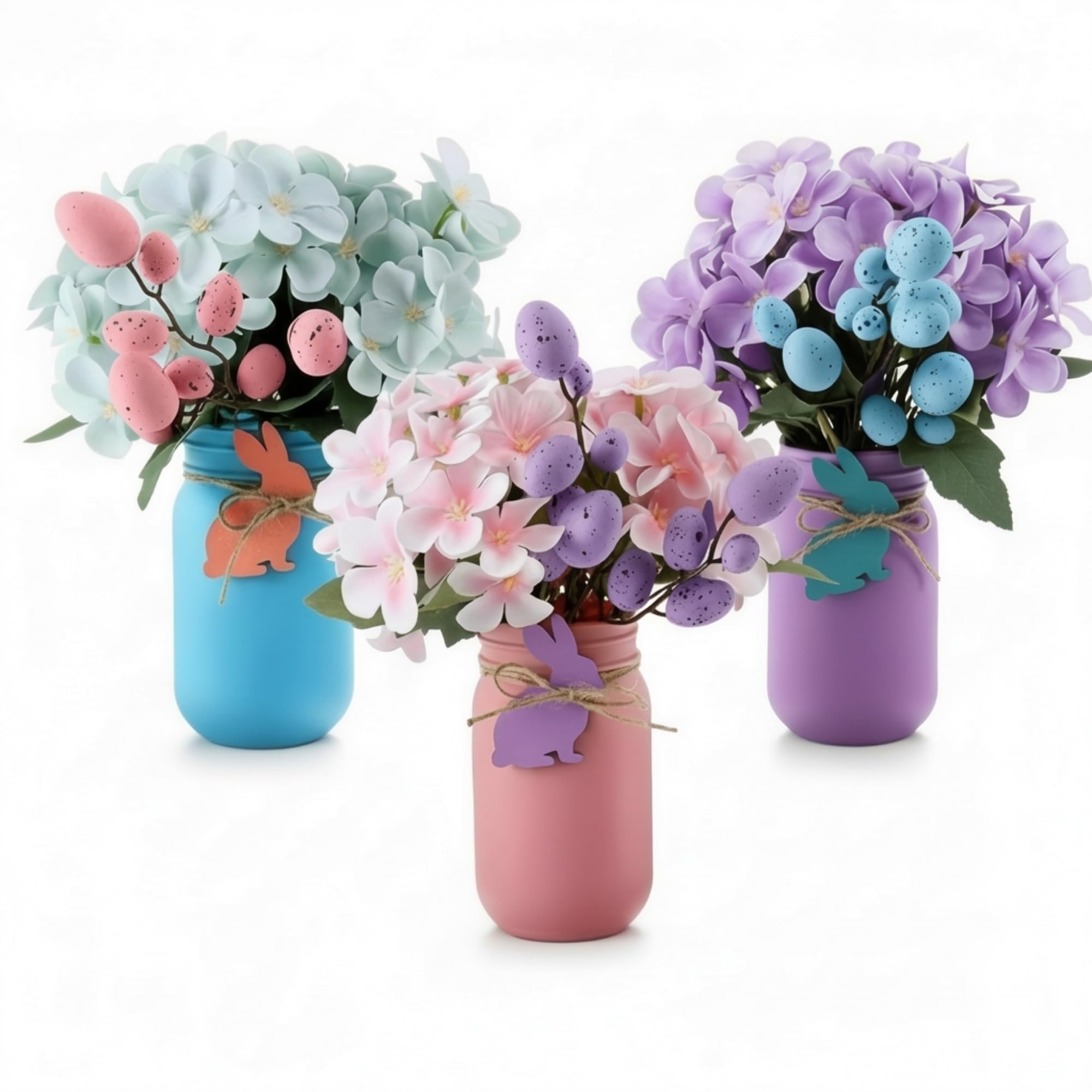 Roowest 3 Pcs Easter Centerpieces for Tables Easter Mason Jars with Flowers Spring Table Decor 2.6 x 5.1 Inch Bunny Egg Mason Jars with Bunny Tags for Spring Home Centerpiece Dinning Table Decor