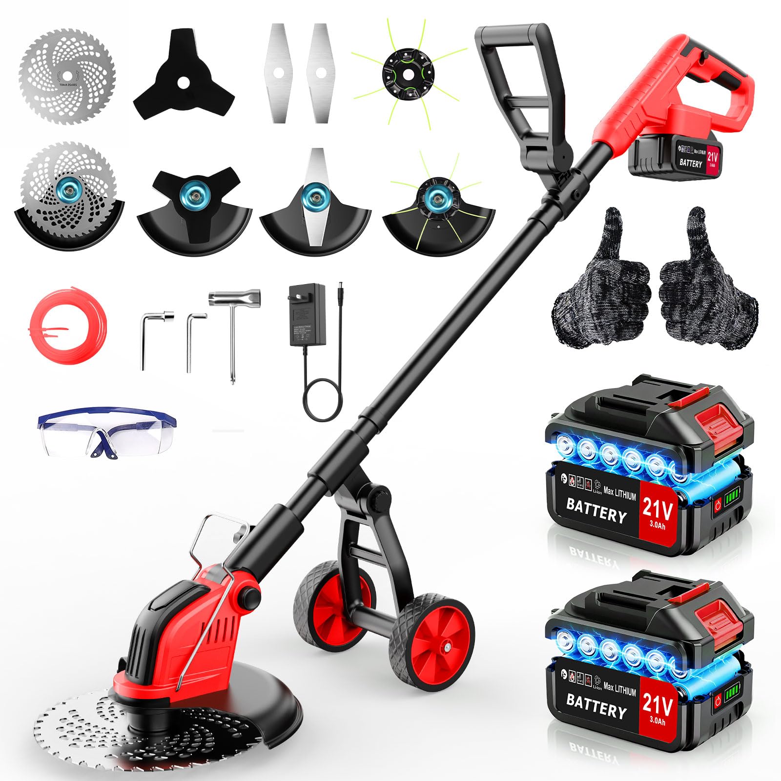 12 Zoll Akku Rasentrimmer, 20.000 U/min Bürstenlosmotor, 4-in-1 Multifunktions Rasenkantenschneider, 2×3.0Ah Akku, 4 Klingentypen, Rasenmäher mit Rädern für Garden und Rasen