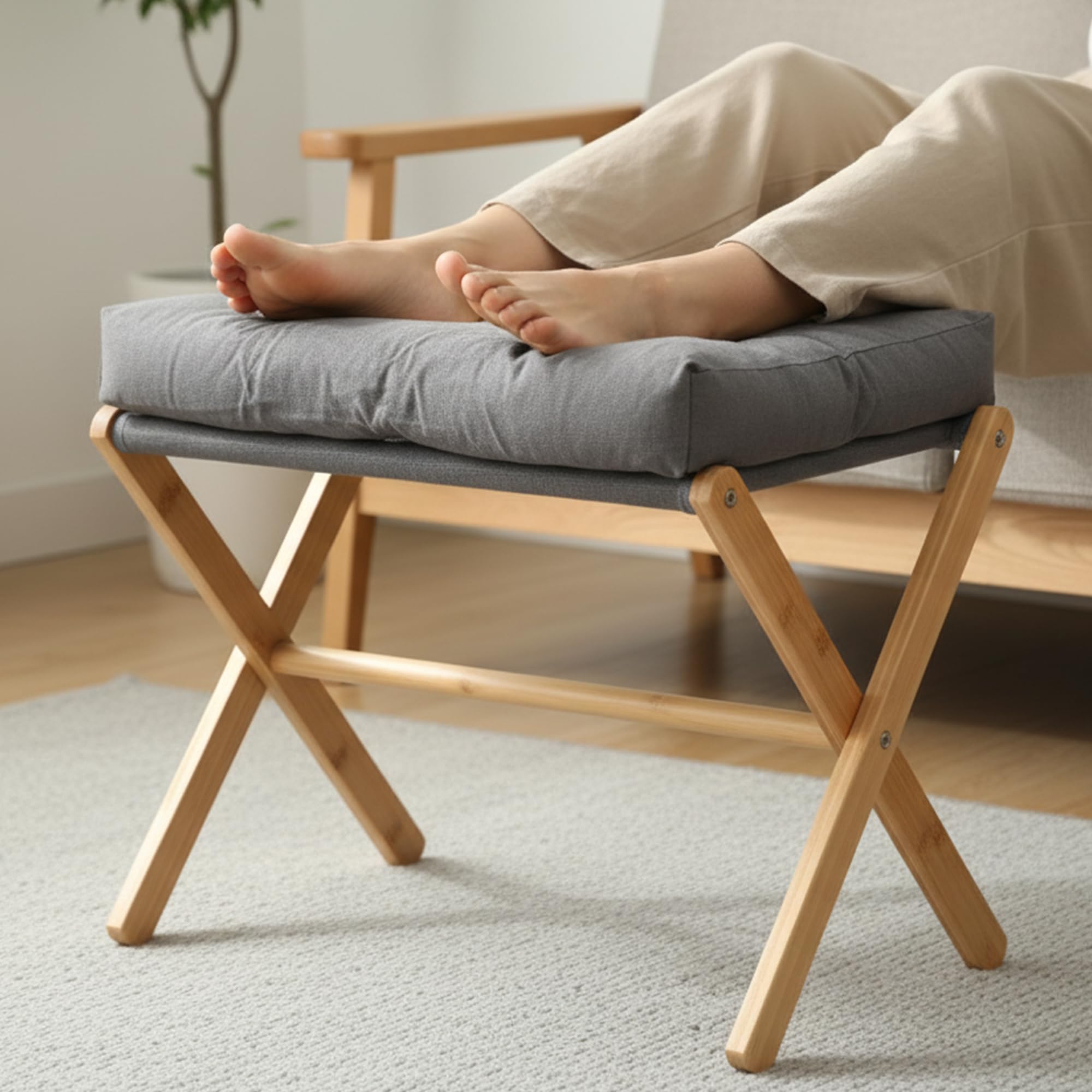 bimiti Folding Foot Stool Bamboo Foot Rest Ottoman Seat Foldable Seat Shoe Changing Stool with Removable Soft Padded for Home Living Bed Room - Dark Gray