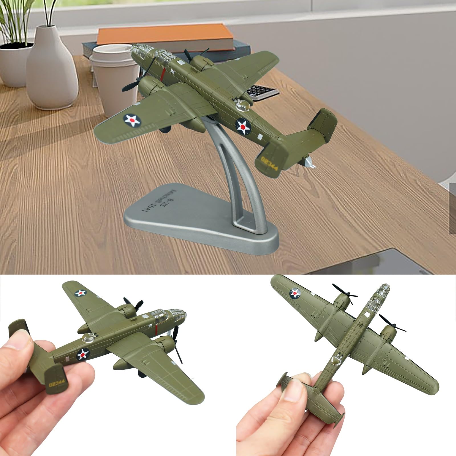 Modello Bombardiere Militare Lega Metallo B-25 in Scala 1:144 Eliche rotanti, espositore, Edizione Collezione Perfetto for Gli Appassionati di Aviazione, mostre scientifiche e Decorazioni