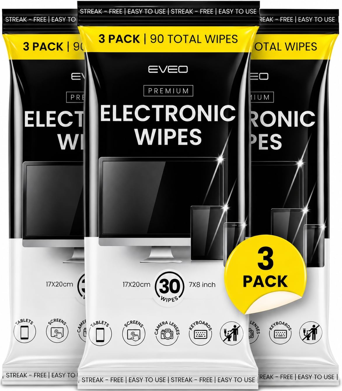 EVEO Electronic Wipes Screen Cleaner - Screen Wipes TV Screen Cleaner Wipes, Computer Screen Wipes, Laptop Screen Cleaner, ipad & Monitor Cleaner, Screen Cleaning Wipes