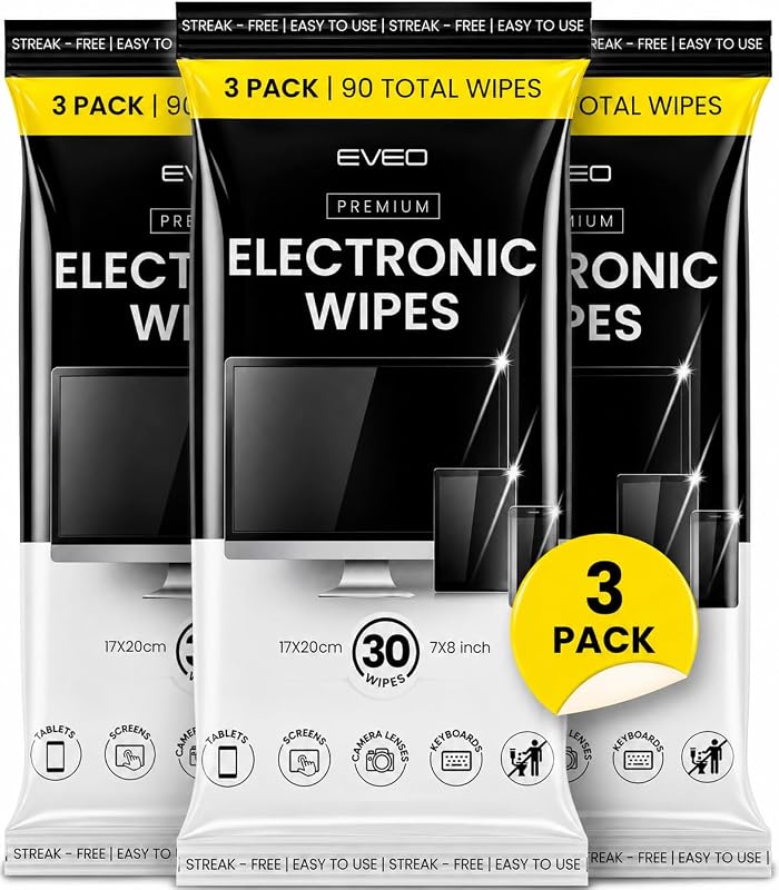 EVEO Toallitas Electrónicas Limpiador de Pantalla - Toallitas para Pantalla Toallitas Limpiadoras de Pantalla de TV, Toallitas para Pantalla de Computadora, Limpiador de Pantalla para Computadora portátil, Limpiador de iPad y Monitor, Toallitas para Limpieza de Pantalla - [90 Toallitas + Paño de Microfibra]