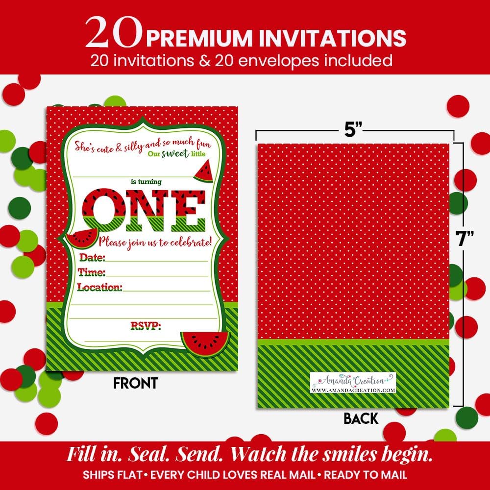 Sweet First Birthday Red Watermelon Birthday Party Invitations, 20 5x7 Fill In Cards with Twenty White Envelopes by AmandaCreation