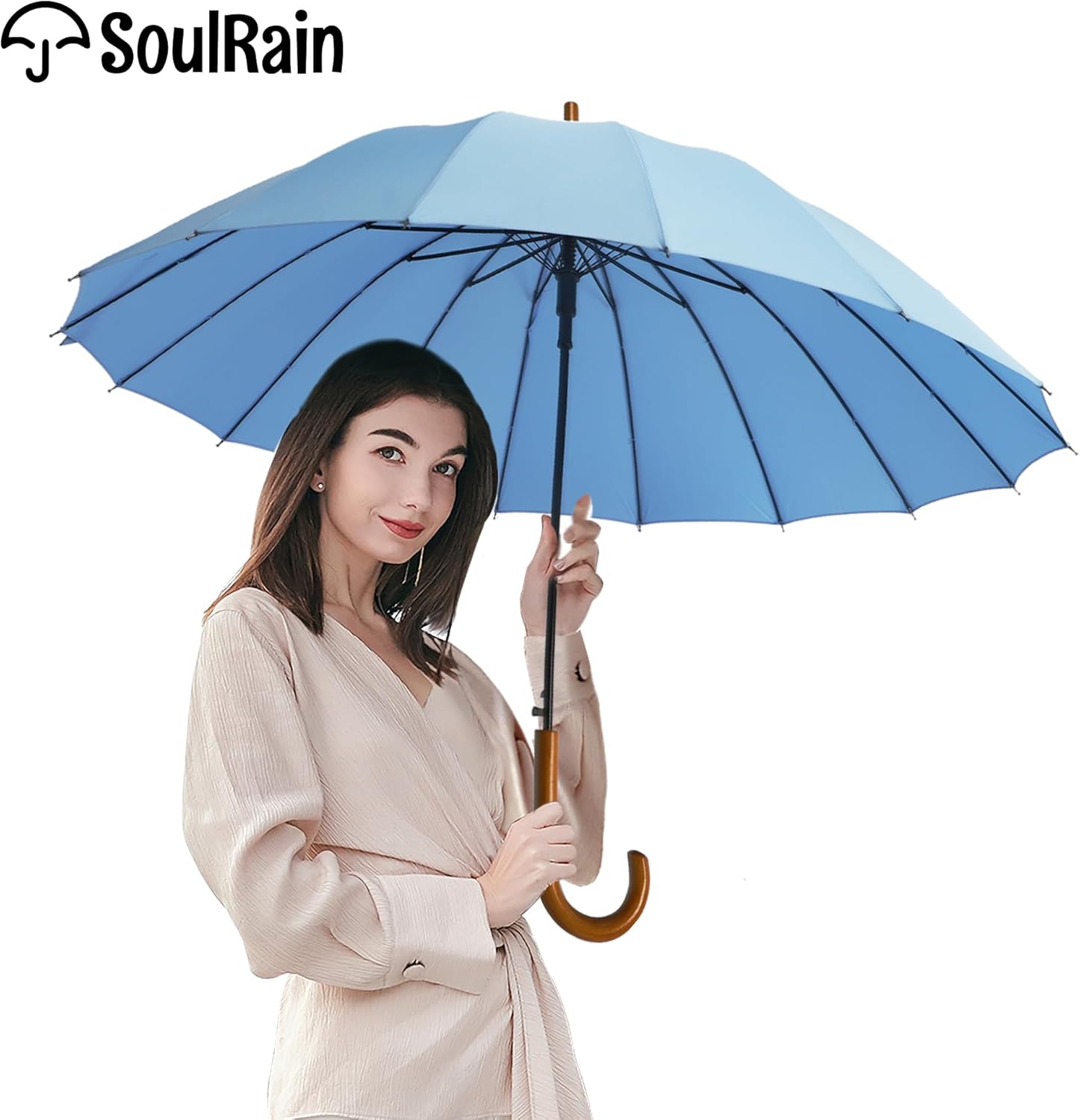 SoulRain 16 Ribs 48" Stick Umbrella Auto Open Solid Color Fashionable and Simple，Arc Classic Wood Handle，Windproof Unbreakable Stick Rain Umbrella - Image 3