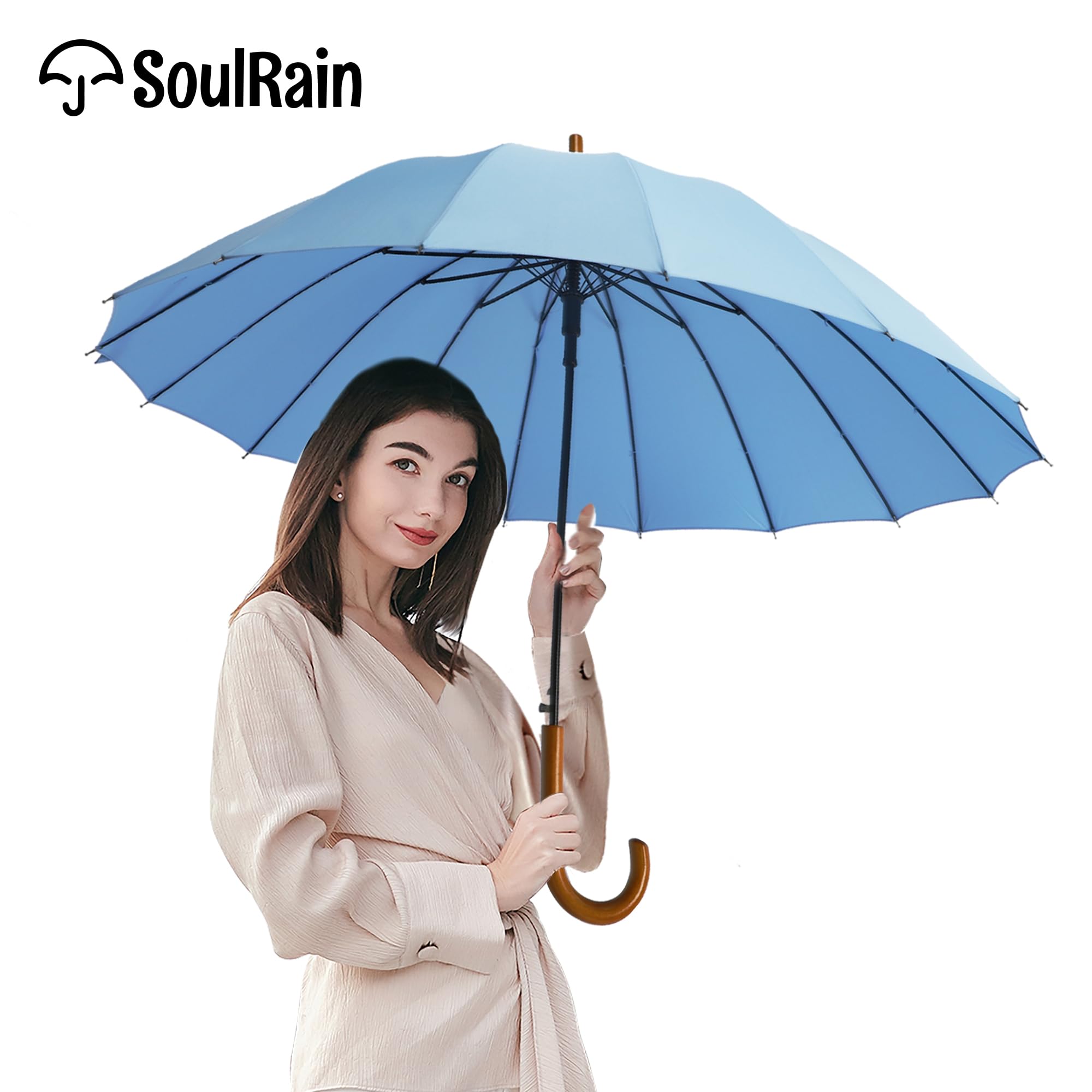 SoulRain 16 Rippen 121,9 cm Stockschirm, automatisches Öffnen, einfarbig, modisch und einfach, bogenförmiger klassischer Holzgriff, winddicht, unzerbrechlich, Regenschirm (Sora)